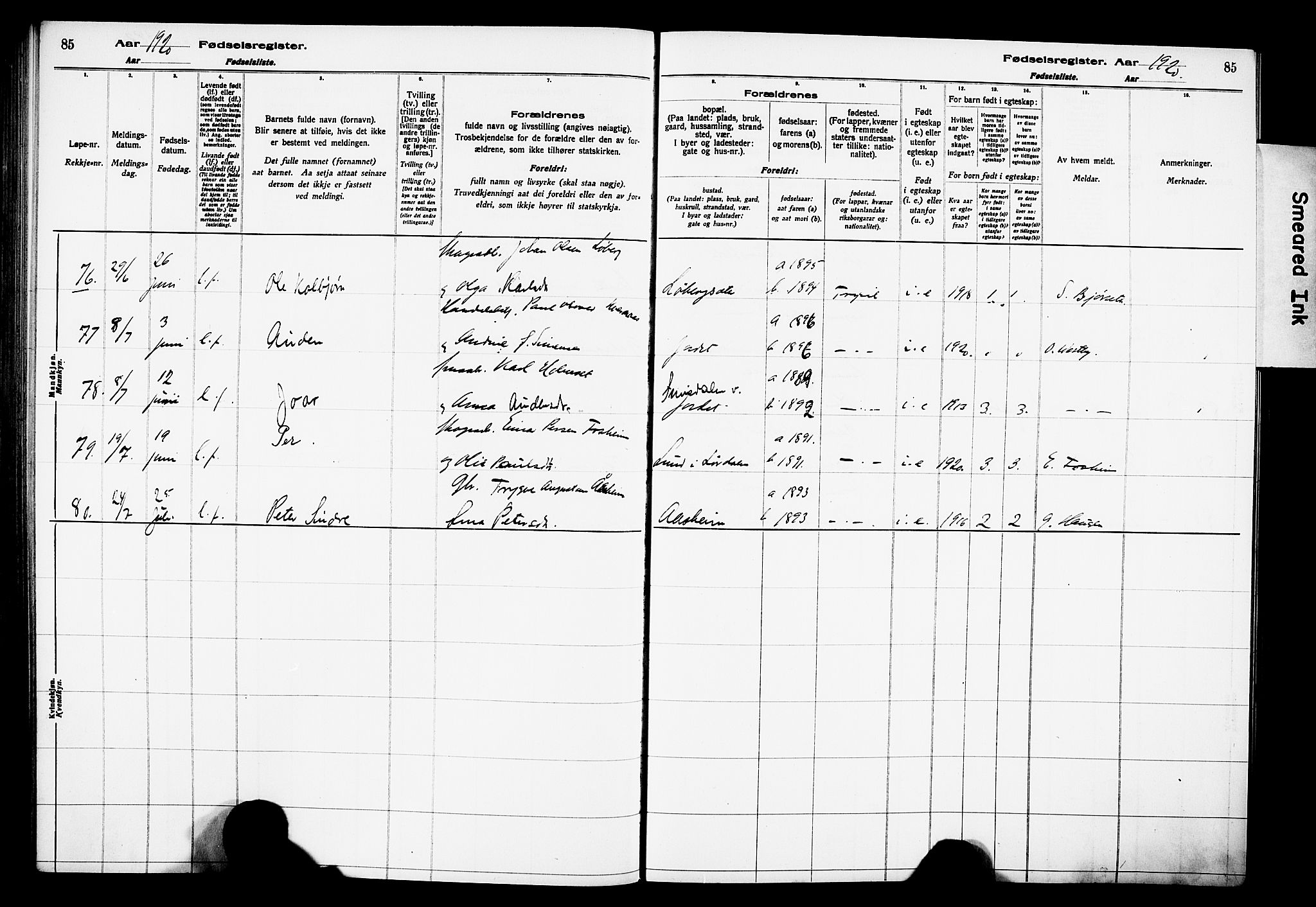 Trysil prestekontor, AV/SAH-PREST-046/I/Id/Ida/L0001: Birth register no. I 1, 1916-1927, p. 85