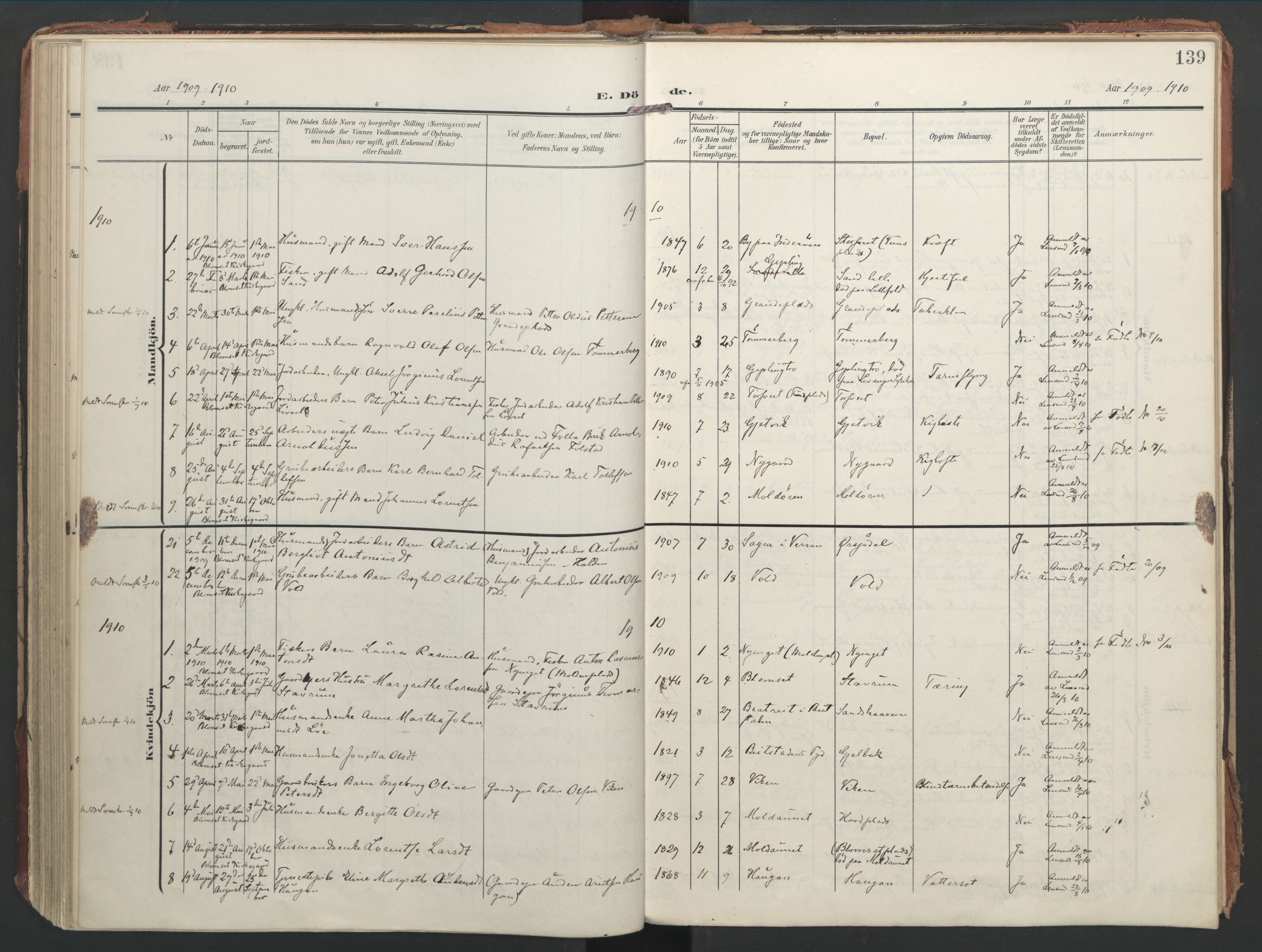 Ministerialprotokoller, klokkerbøker og fødselsregistre - Nord-Trøndelag, AV/SAT-A-1458/744/L0421: Parish register (official) no. 744A05, 1905-1930, p. 139