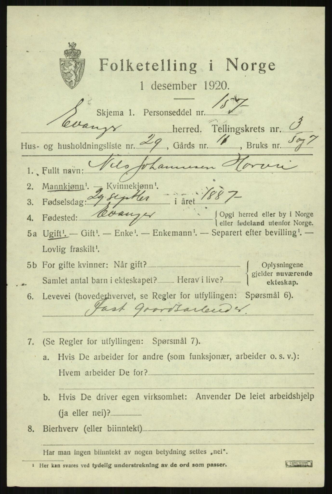 SAB, 1920 census for Evanger, 1920, p. 1347