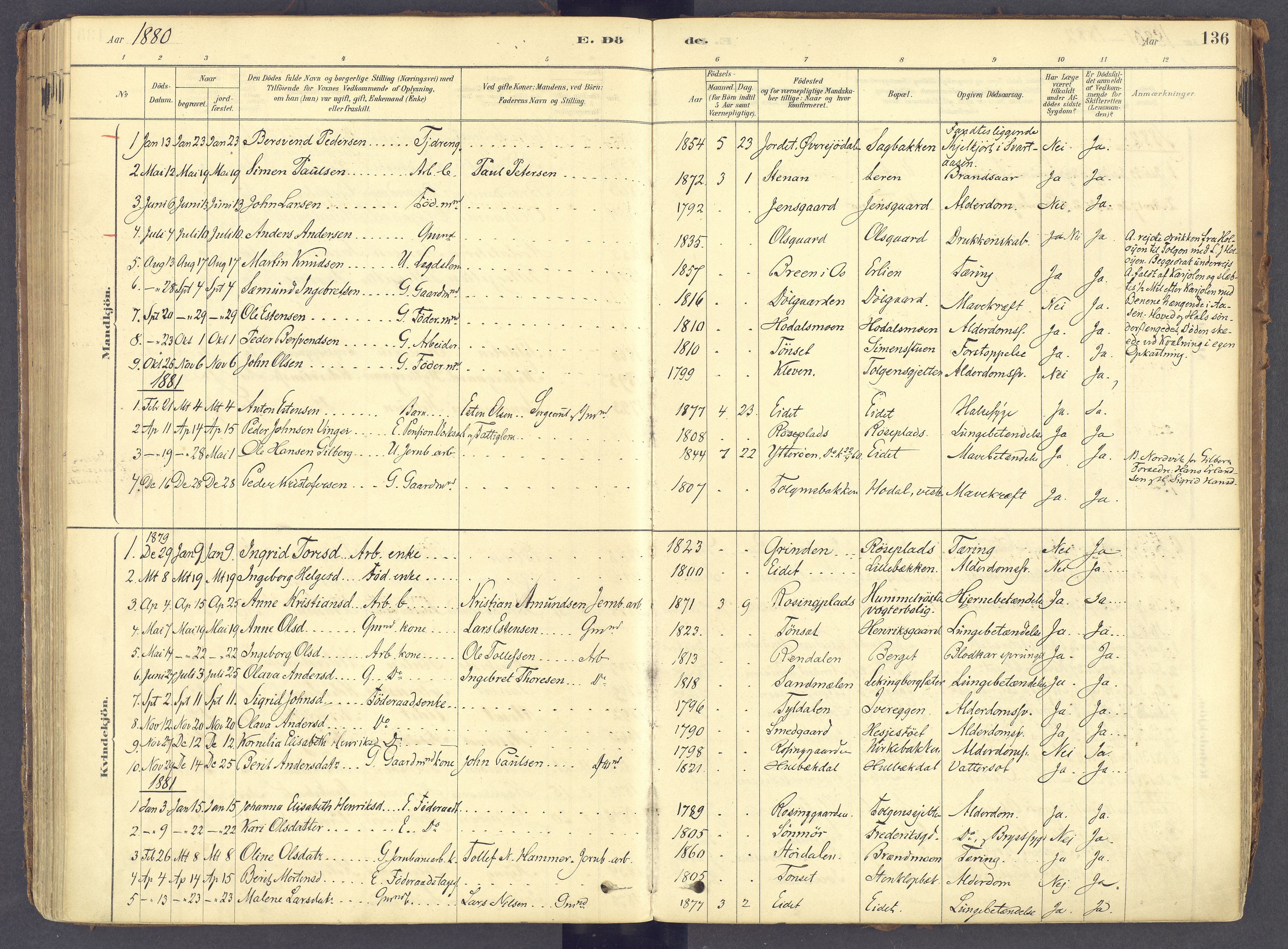 Tolga prestekontor, AV/SAH-PREST-062/K/L0011: Parish register (official) no. 11, 1877-1920, p. 136