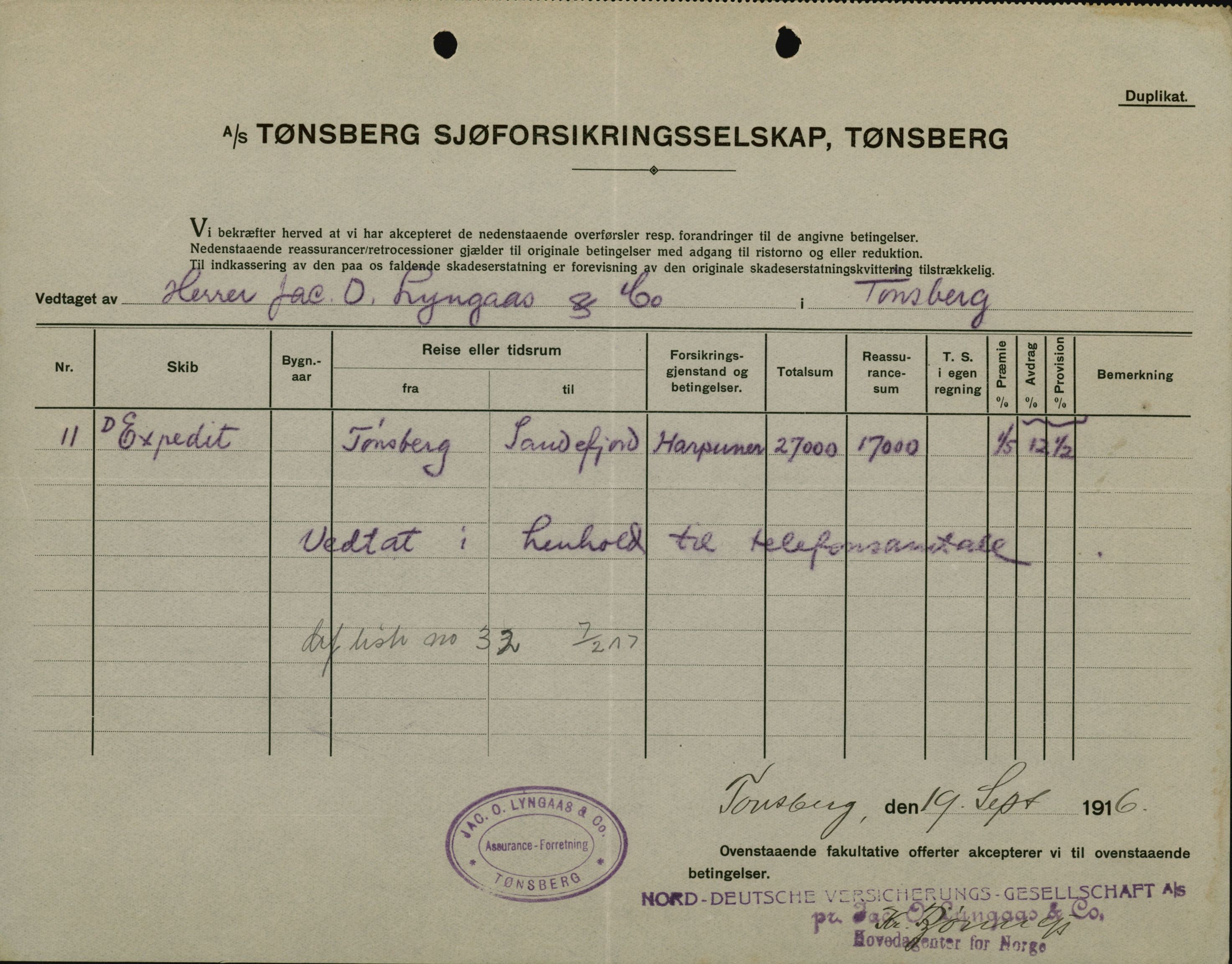 Pa 664 - Tønsberg Sjøforsikringsselskap, VEMU/A-1773/F/L0001: Forsikringspoliser, 1915-1918