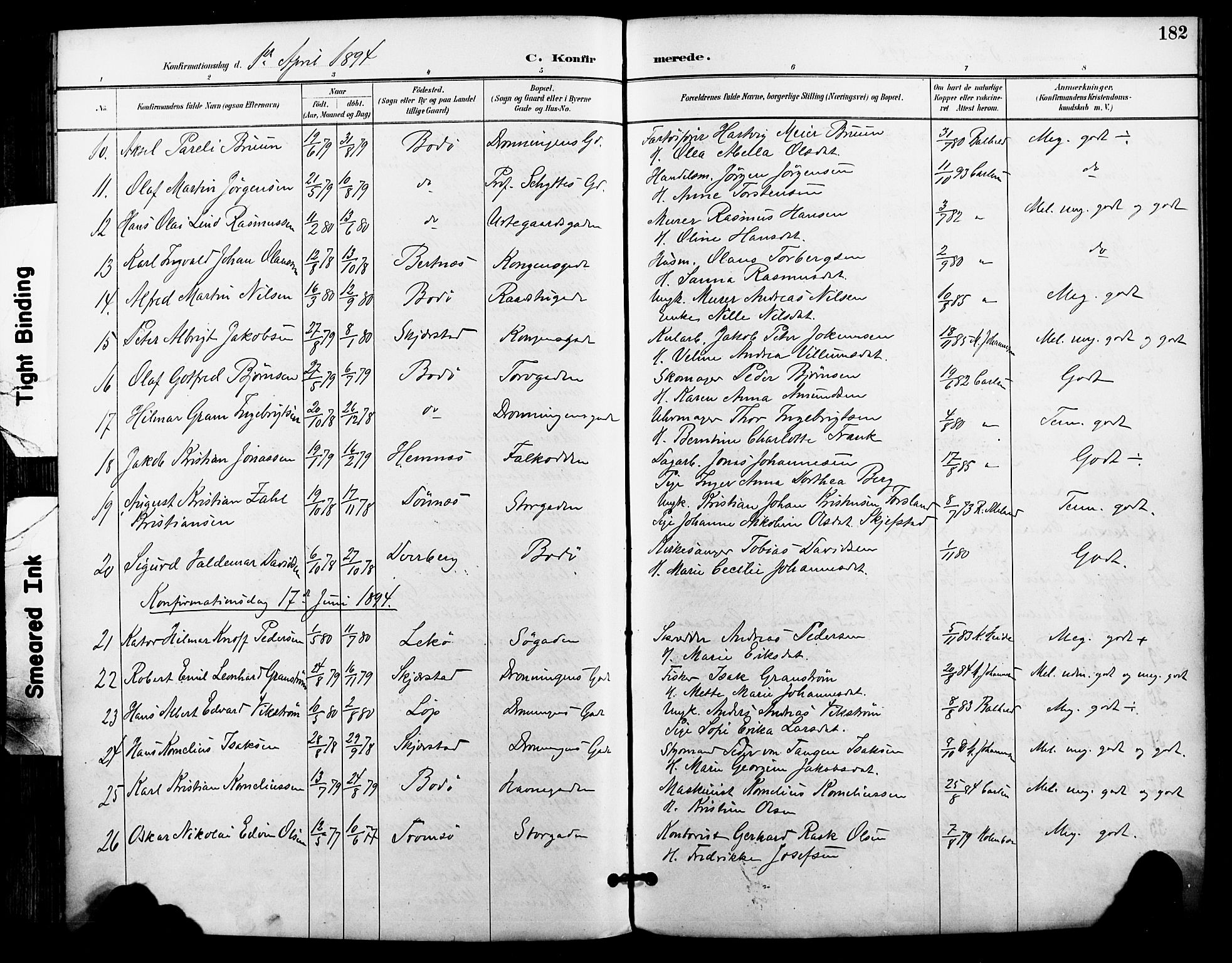 Ministerialprotokoller, klokkerbøker og fødselsregistre - Nordland, AV/SAT-A-1459/801/L0010: Parish register (official) no. 801A10, 1888-1899, p. 182