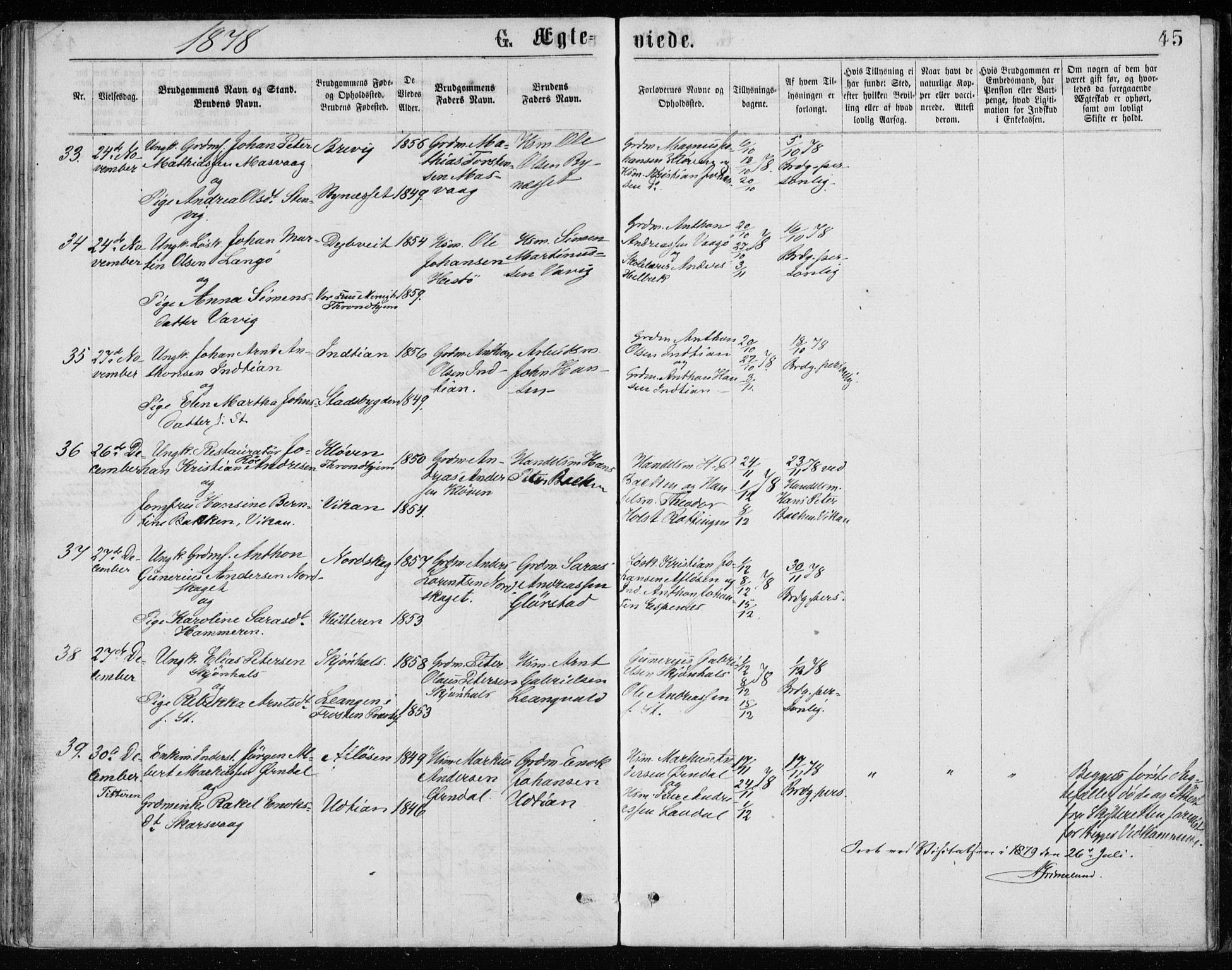 Ministerialprotokoller, klokkerbøker og fødselsregistre - Sør-Trøndelag, AV/SAT-A-1456/640/L0577: Parish register (official) no. 640A02, 1877-1878, p. 45