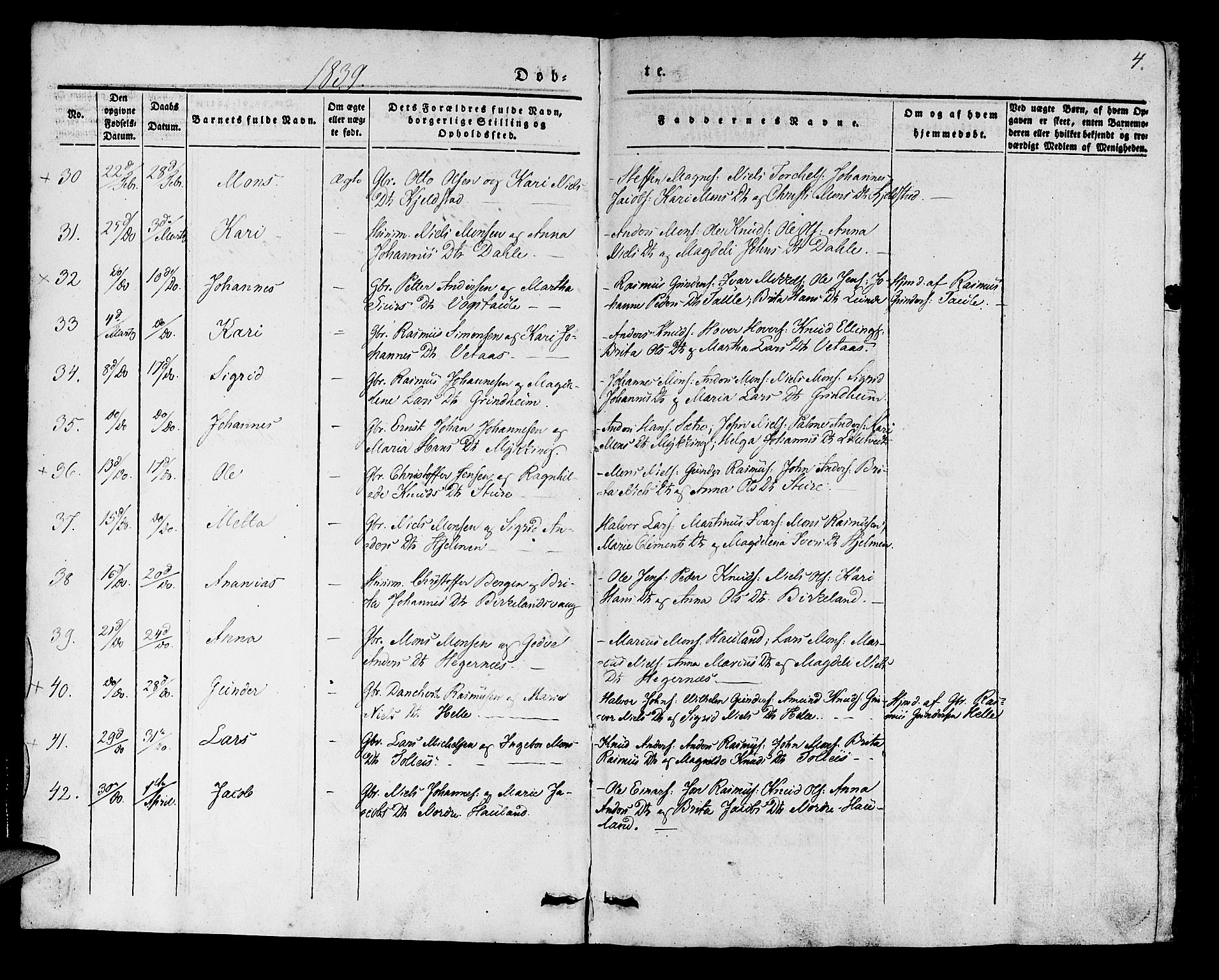 Manger sokneprestembete, AV/SAB-A-76801/H/Haa: Parish register (official) no. A 5, 1839-1848, p. 4