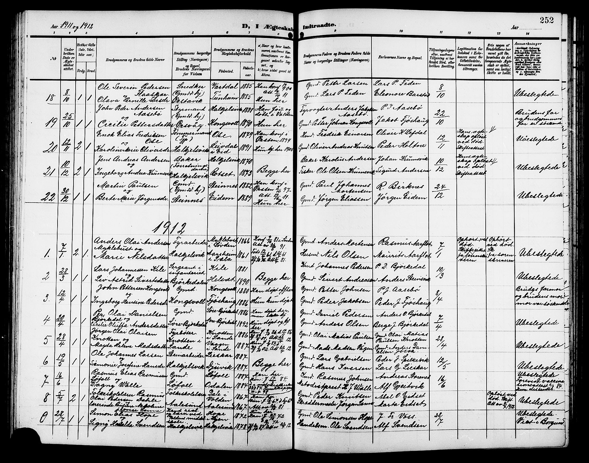 Ministerialprotokoller, klokkerbøker og fødselsregistre - Møre og Romsdal, AV/SAT-A-1454/511/L0159: Parish register (copy) no. 511C05, 1902-1920, p. 252