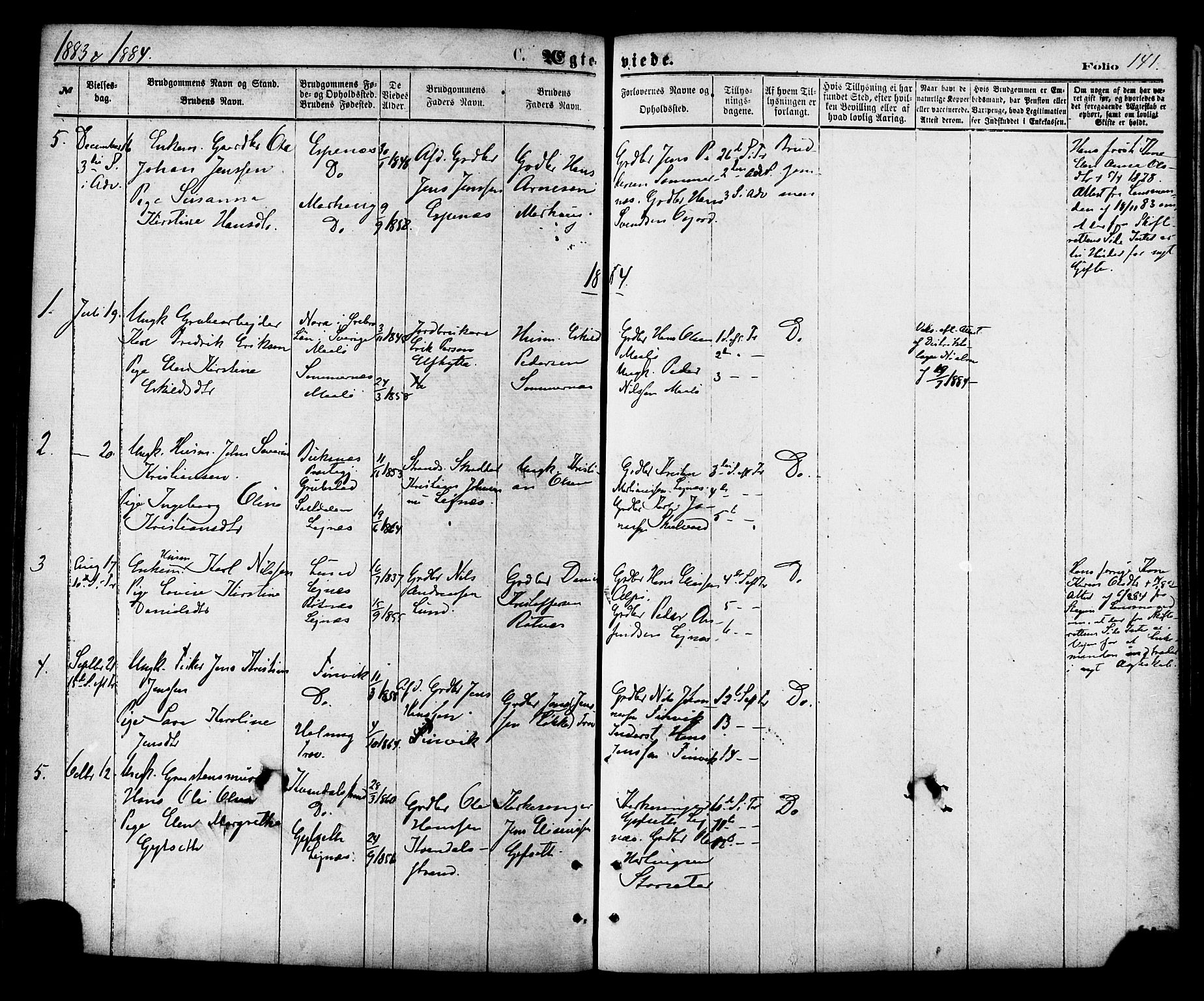 Ministerialprotokoller, klokkerbøker og fødselsregistre - Nordland, AV/SAT-A-1459/857/L0821: Parish register (official) no. 857A01, 1875-1889, p. 141