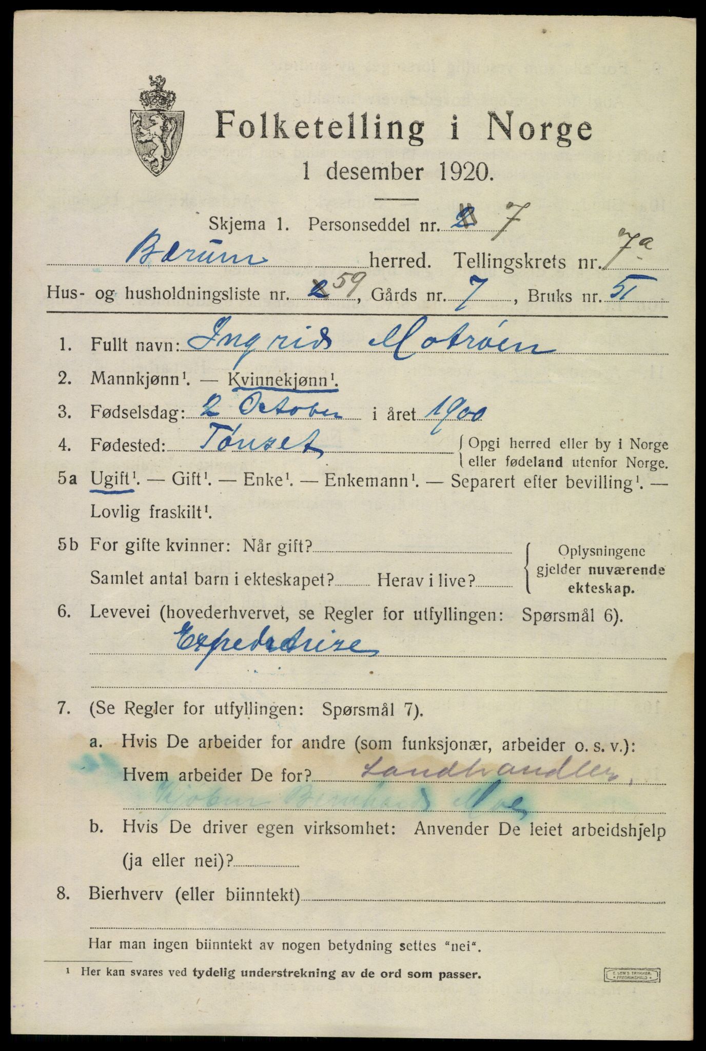 SAO, 1920 census for Bærum, 1920, p. 16848