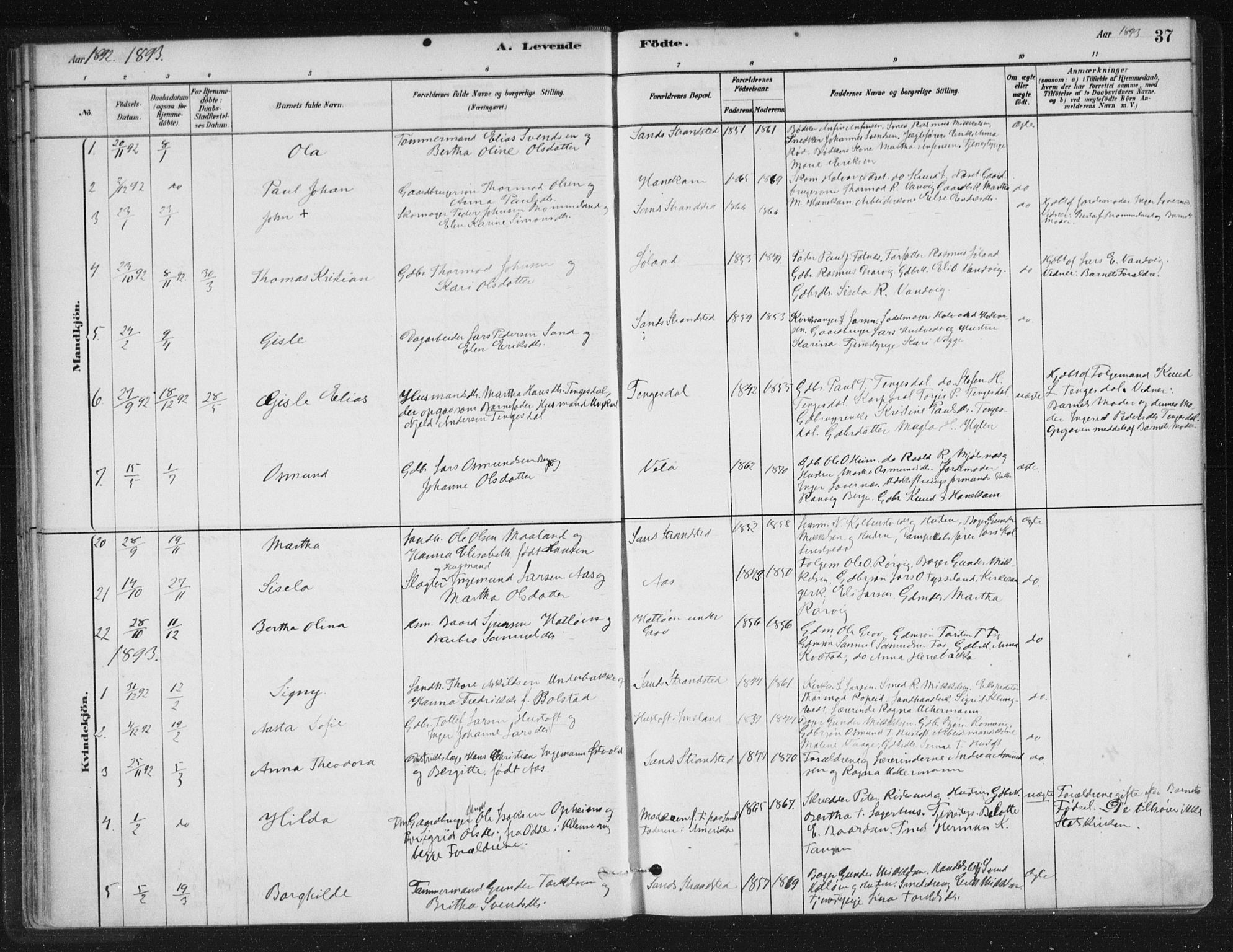 Sand sokneprestkontor, SAST/A-101848/01/III/L0005: Parish register (official) no. A 5, 1880-1898, p. 37