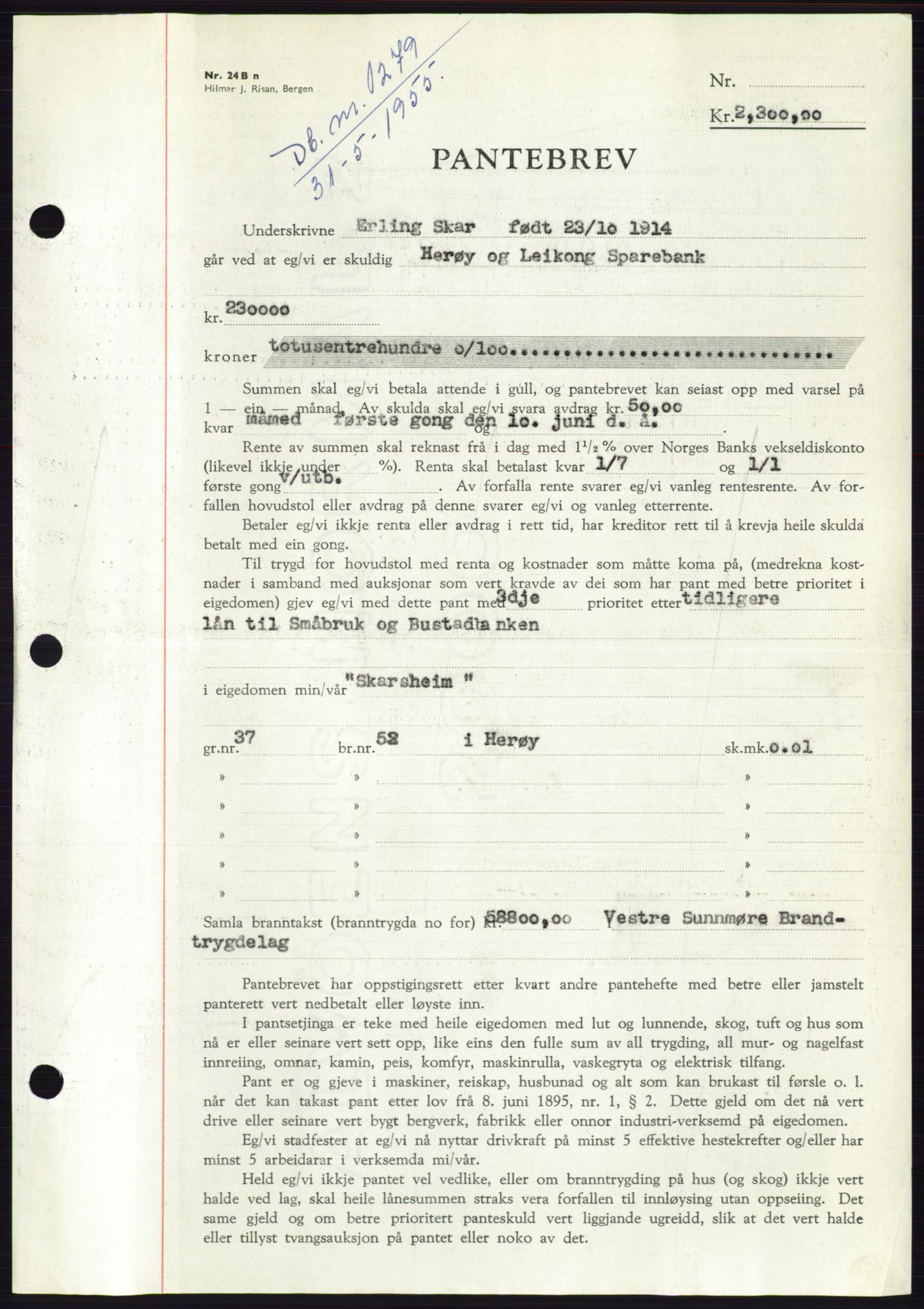 Søre Sunnmøre sorenskriveri, AV/SAT-A-4122/1/2/2C/L0126: Mortgage book no. 14B, 1954-1955, Diary no: : 1279/1955