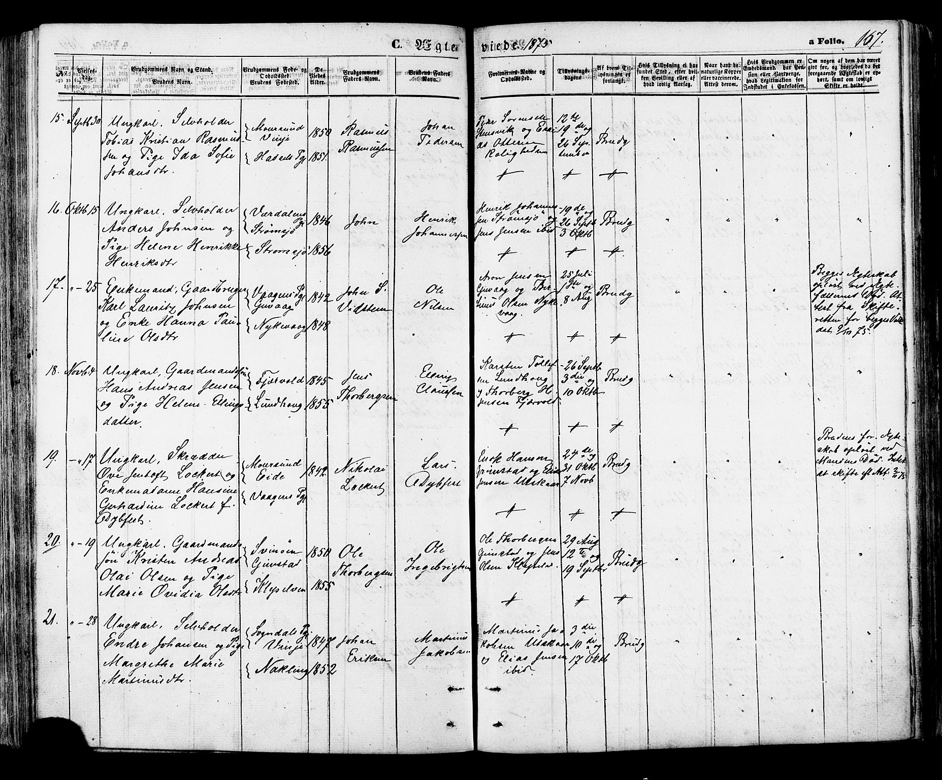 Ministerialprotokoller, klokkerbøker og fødselsregistre - Nordland, AV/SAT-A-1459/891/L1301: Parish register (official) no. 891A06, 1870-1878, p. 167