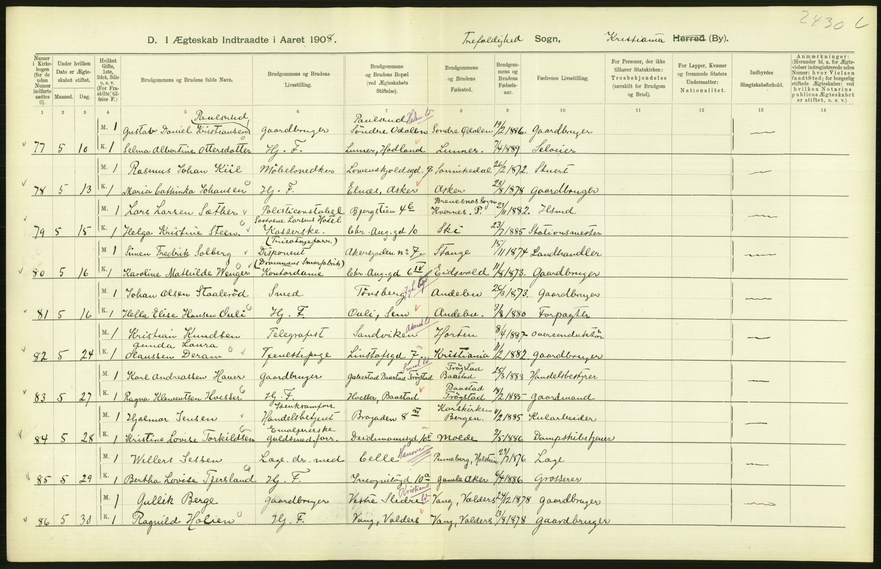 Statistisk sentralbyrå, Sosiodemografiske emner, Befolkning, AV/RA-S-2228/D/Df/Dfa/Dfaf/L0007: Kristiania: Gifte, 1908, p. 418