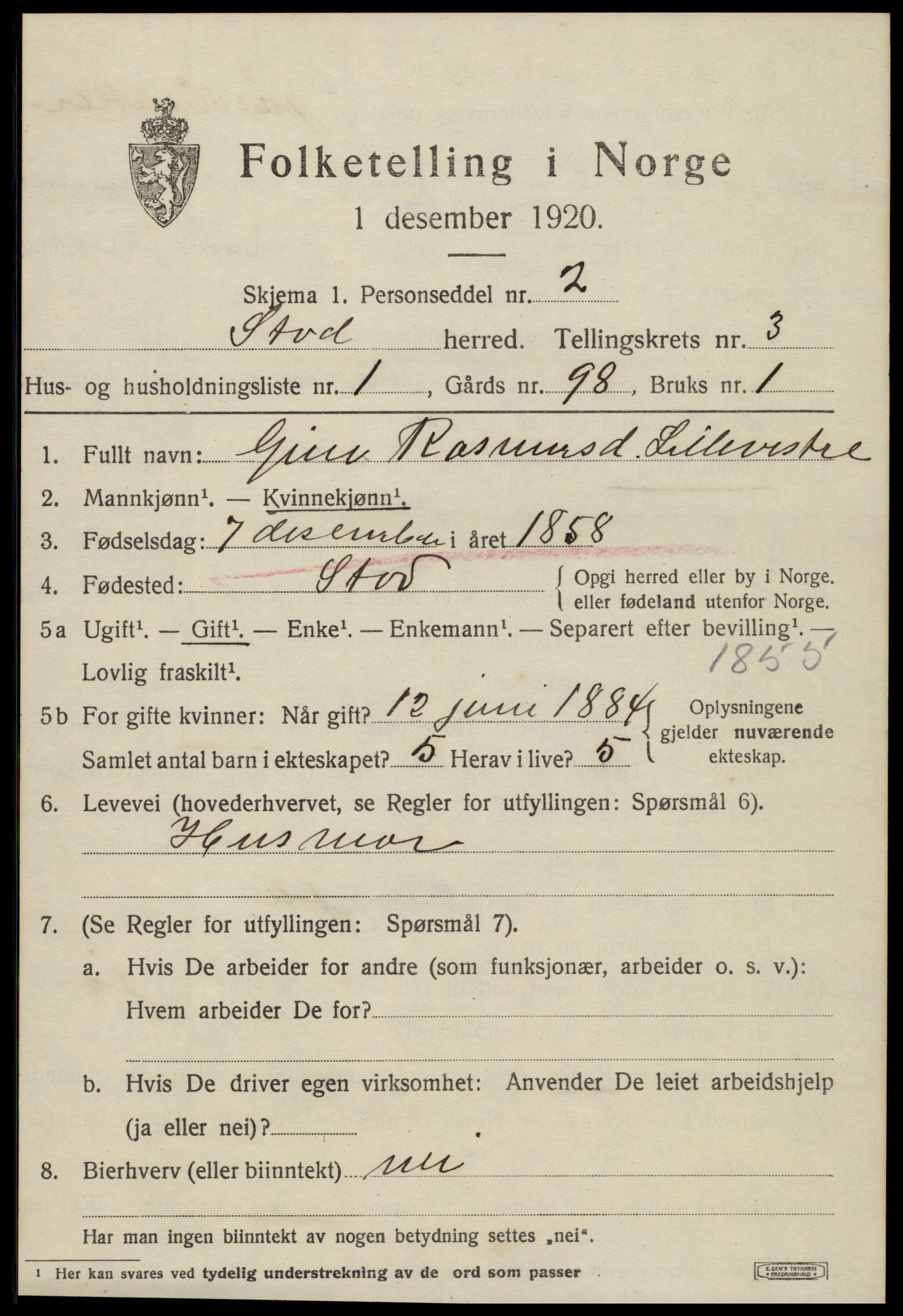 SAT, 1920 census for Stod, 1920, p. 2216