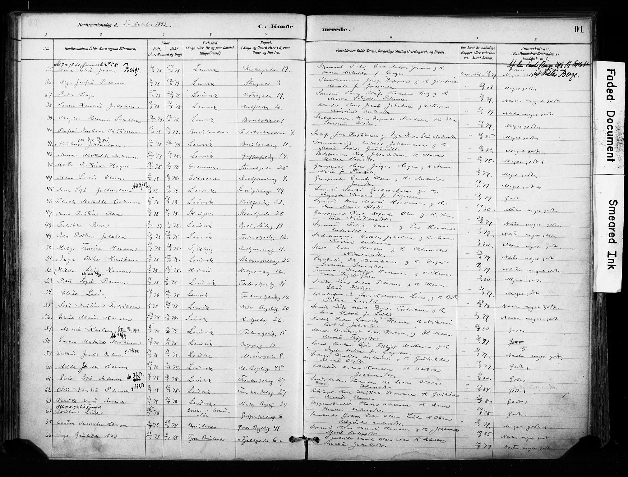 Larvik kirkebøker, AV/SAKO-A-352/F/Fa/L0008: Parish register (official) no. I 8, 1884-1902, p. 91