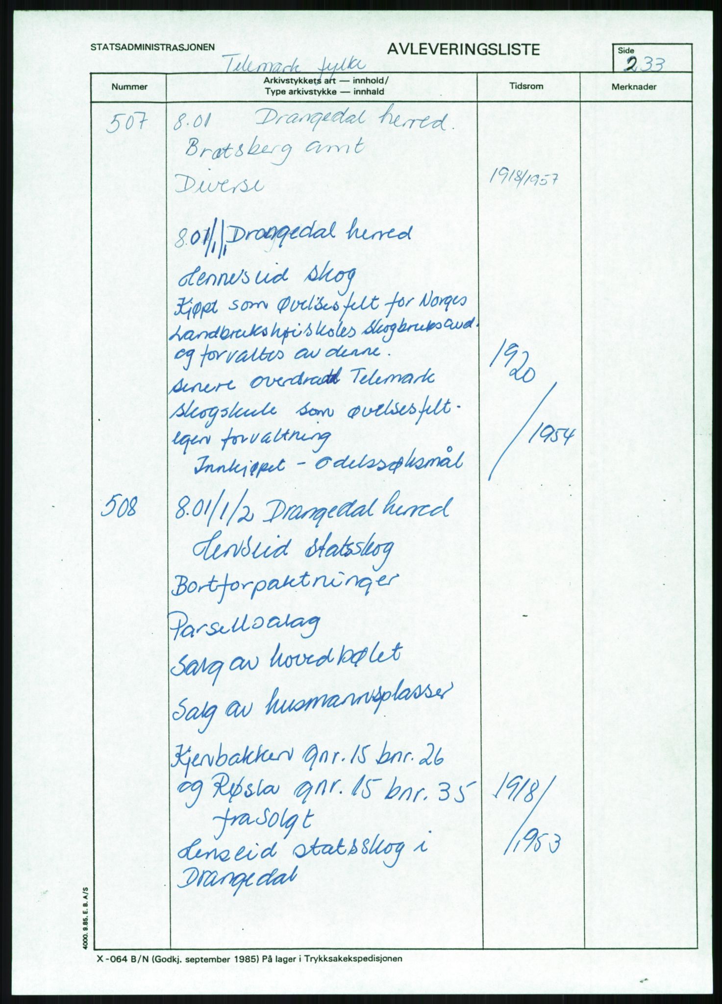 Direktoratet for statens skoger, AV/RA-S-1600/2/E/Eg/L0002: Arkivliste for 10.11-serien. Akershus til Sør-Trøndelag fylke. Mappenr. 1 - 925, 1957-1992, p. 257