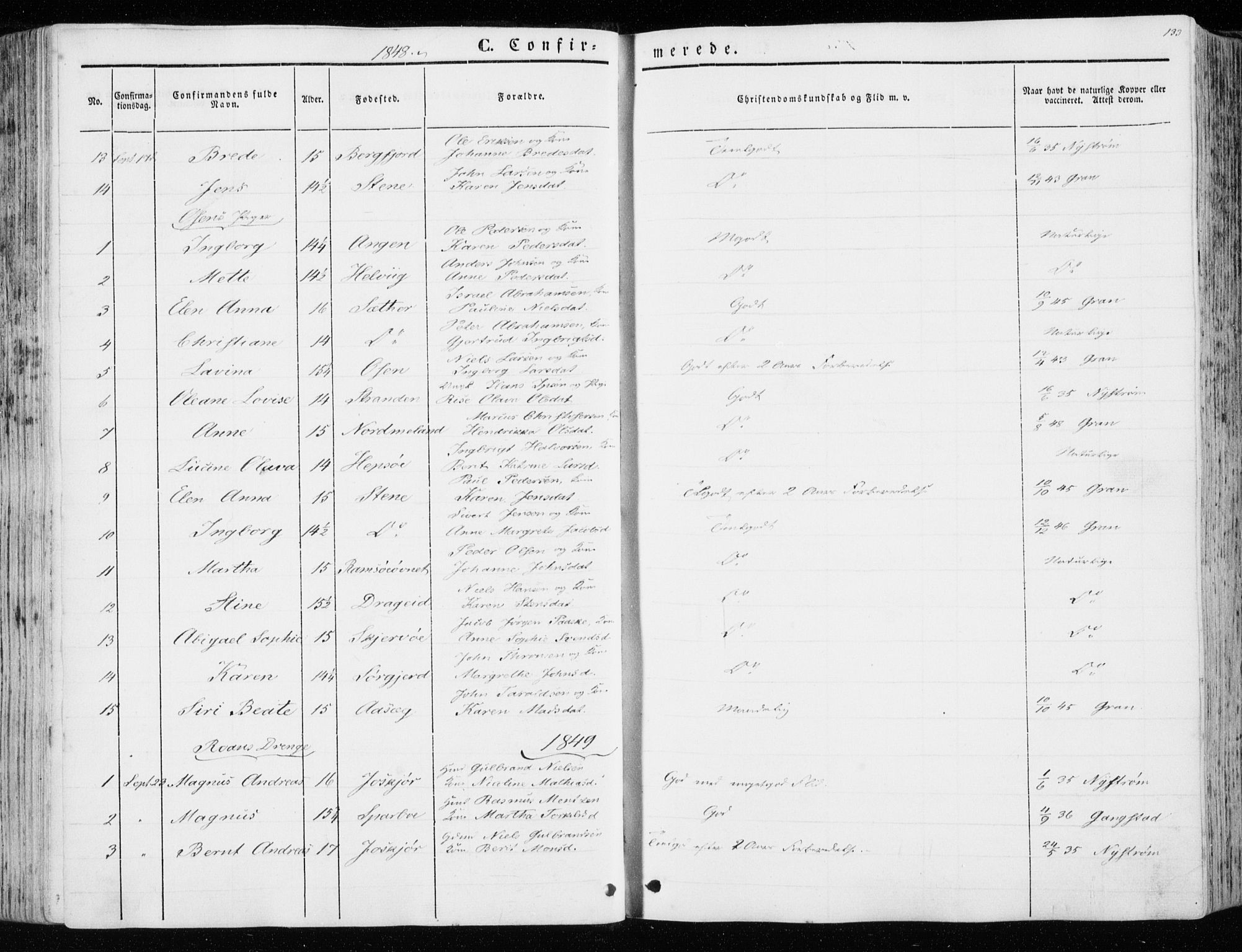 Ministerialprotokoller, klokkerbøker og fødselsregistre - Sør-Trøndelag, SAT/A-1456/657/L0704: Parish register (official) no. 657A05, 1846-1857, p. 133