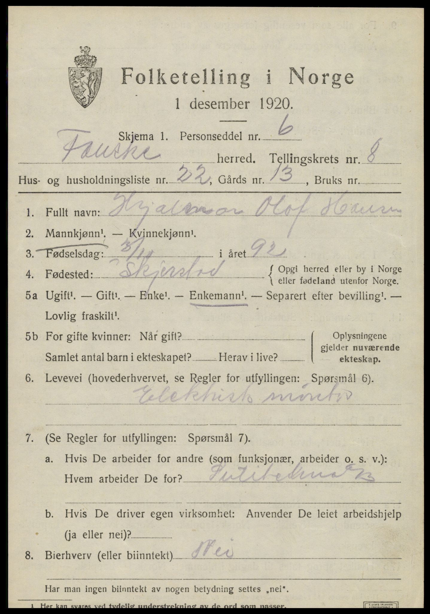 SAT, 1920 census for Fauske, 1920, p. 6628