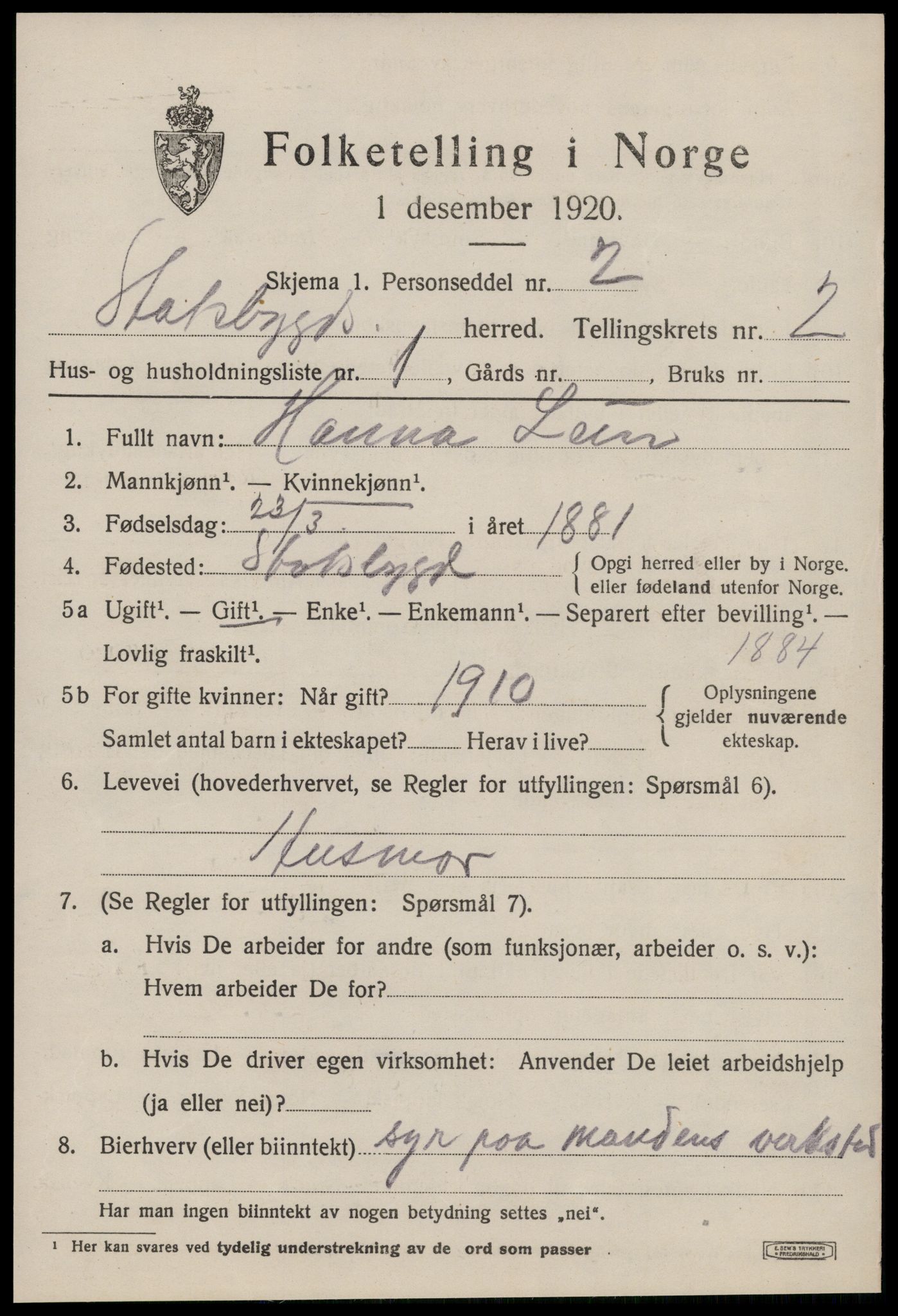 SAT, 1920 census for Stadsbygd, 1920, p. 1242