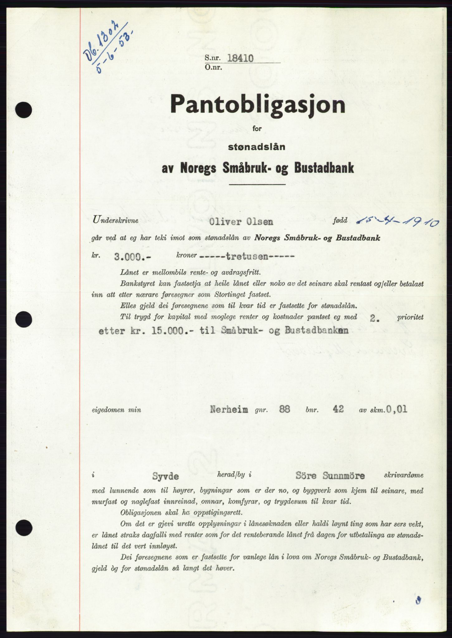 Søre Sunnmøre sorenskriveri, AV/SAT-A-4122/1/2/2C/L0123: Mortgage book no. 11B, 1953-1953, Diary no: : 1302/1953