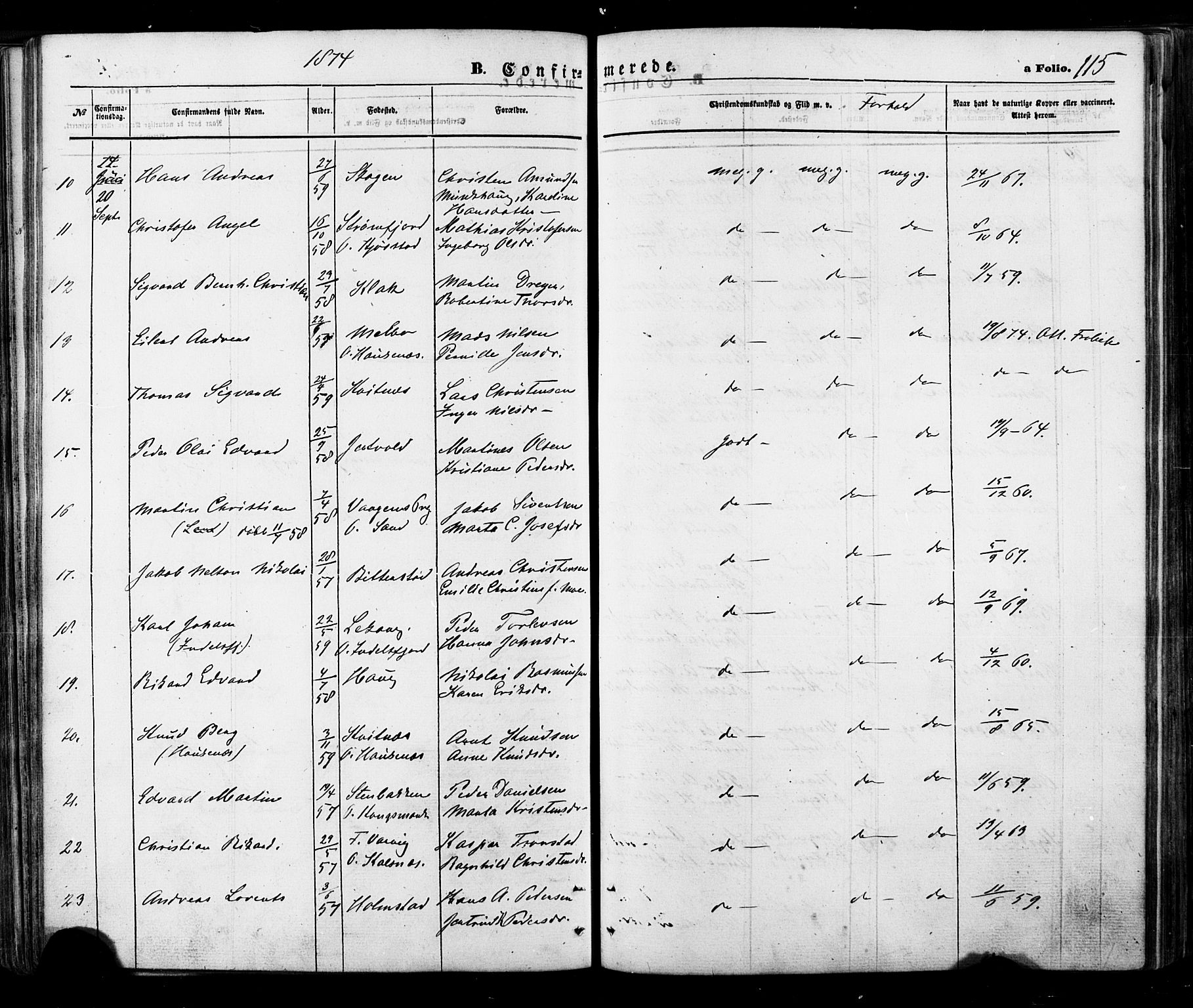 Ministerialprotokoller, klokkerbøker og fødselsregistre - Nordland, AV/SAT-A-1459/888/L1242: Parish register (official) no. 888A08, 1870-1875, p. 115