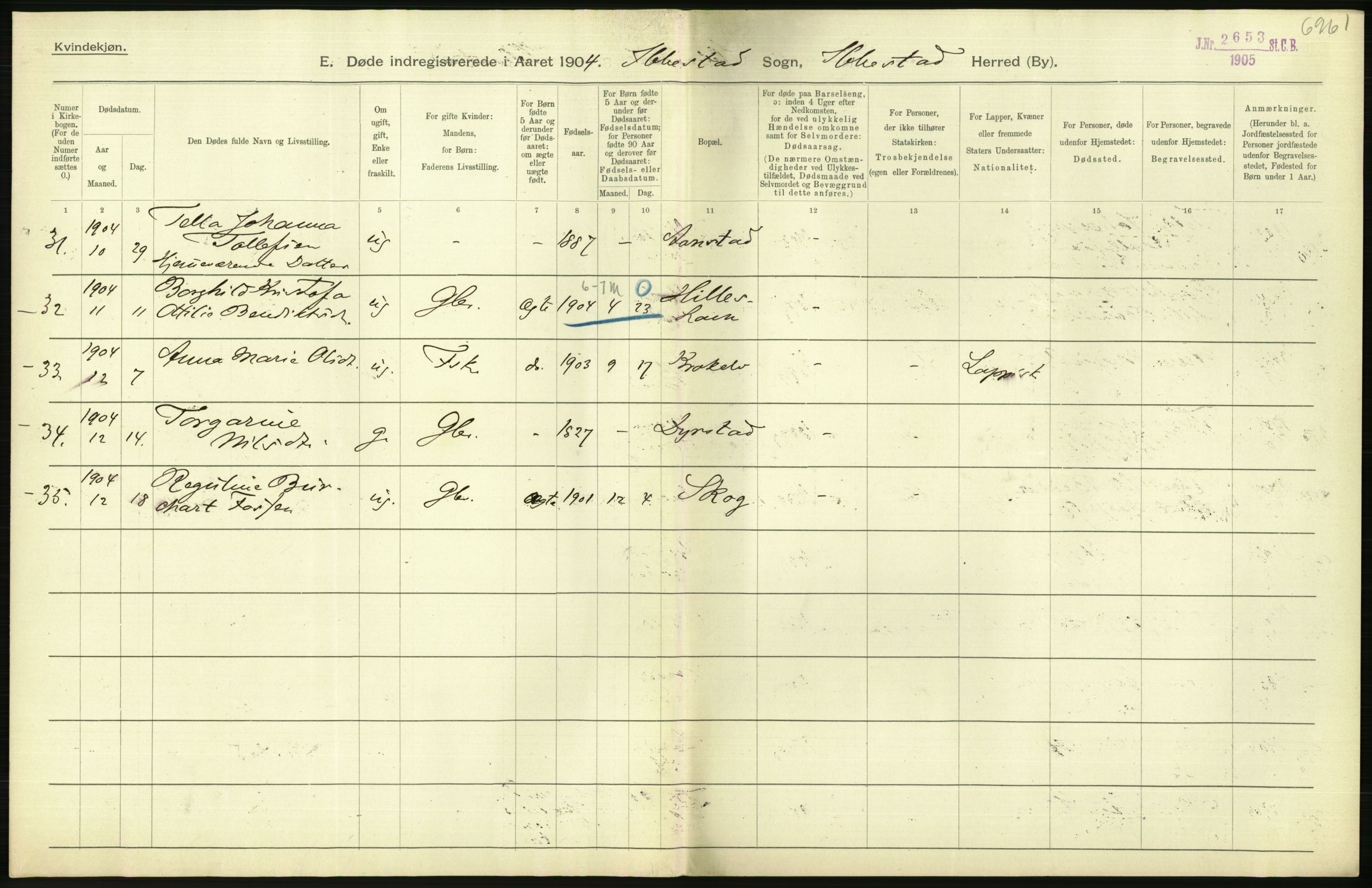 Statistisk sentralbyrå, Sosiodemografiske emner, Befolkning, RA/S-2228/D/Df/Dfa/Dfab/L0022: Tromsø amt: Fødte, gifte, døde, 1904, p. 518