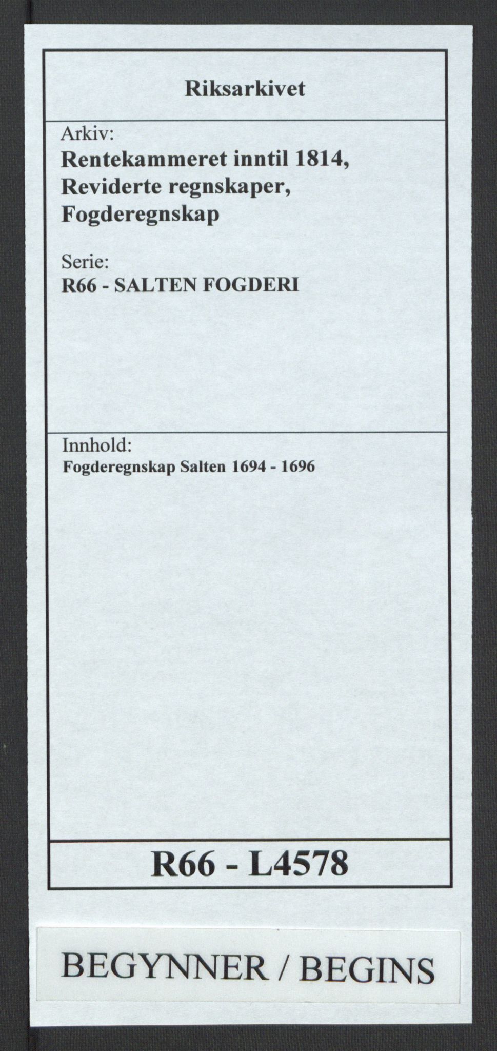 Rentekammeret inntil 1814, Reviderte regnskaper, Fogderegnskap, AV/RA-EA-4092/R66/L4578: Fogderegnskap Salten, 1694-1696, p. 1