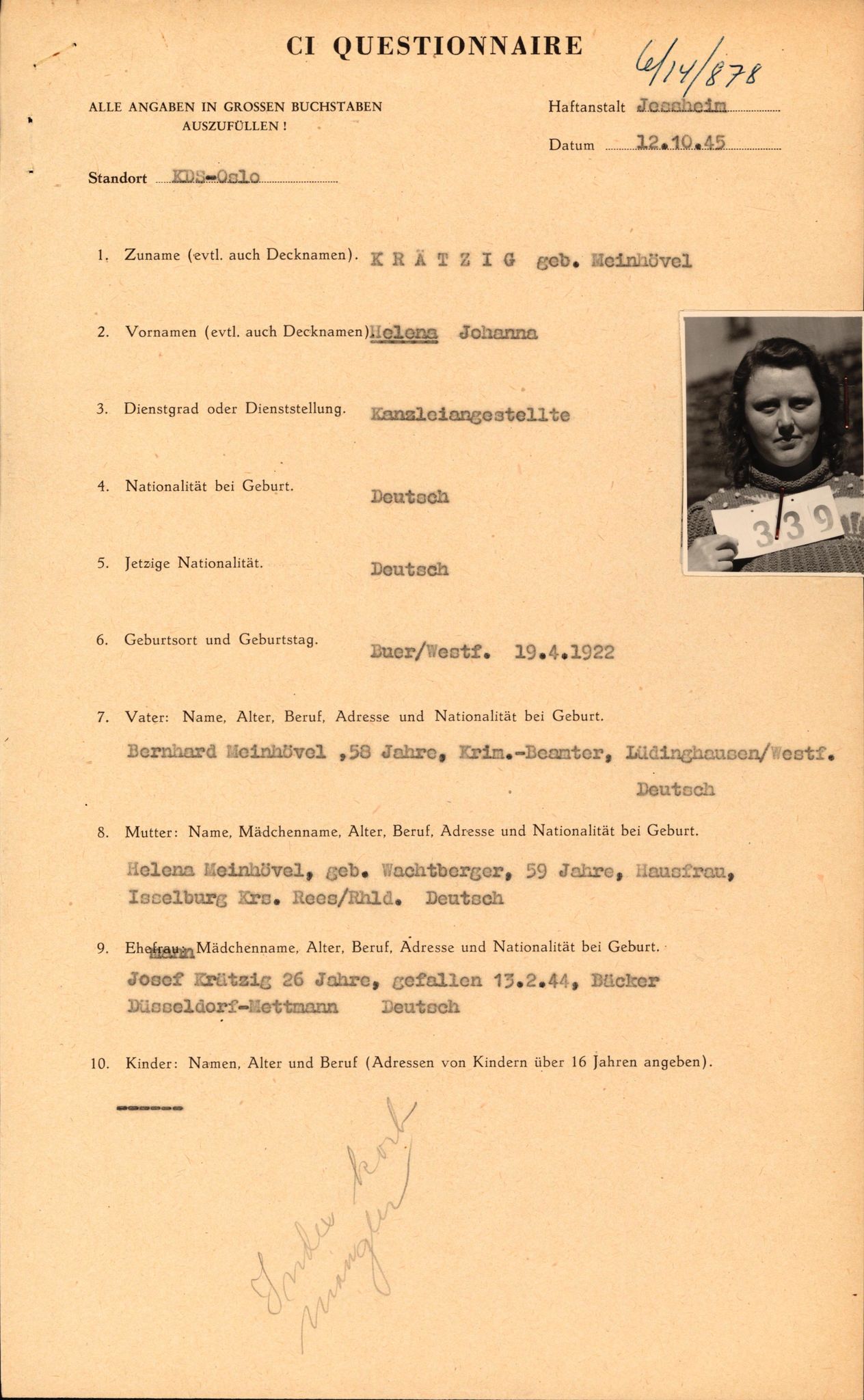 Forsvaret, Forsvarets overkommando II, AV/RA-RAFA-3915/D/Db/L0018: CI Questionaires. Tyske okkupasjonsstyrker i Norge. Tyskere., 1945-1946, p. 383