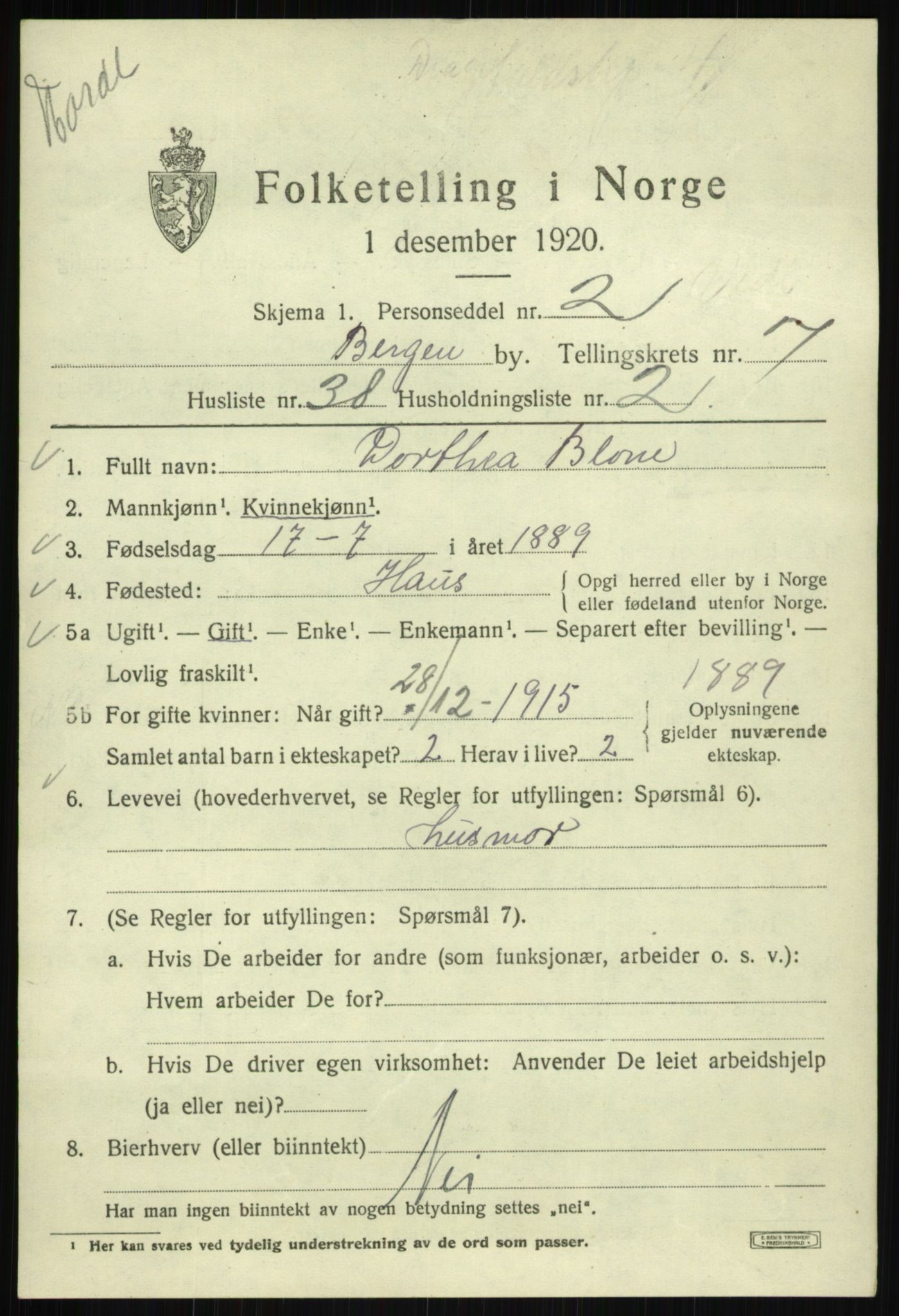 SAB, 1920 census for Bergen, 1920, p. 68382