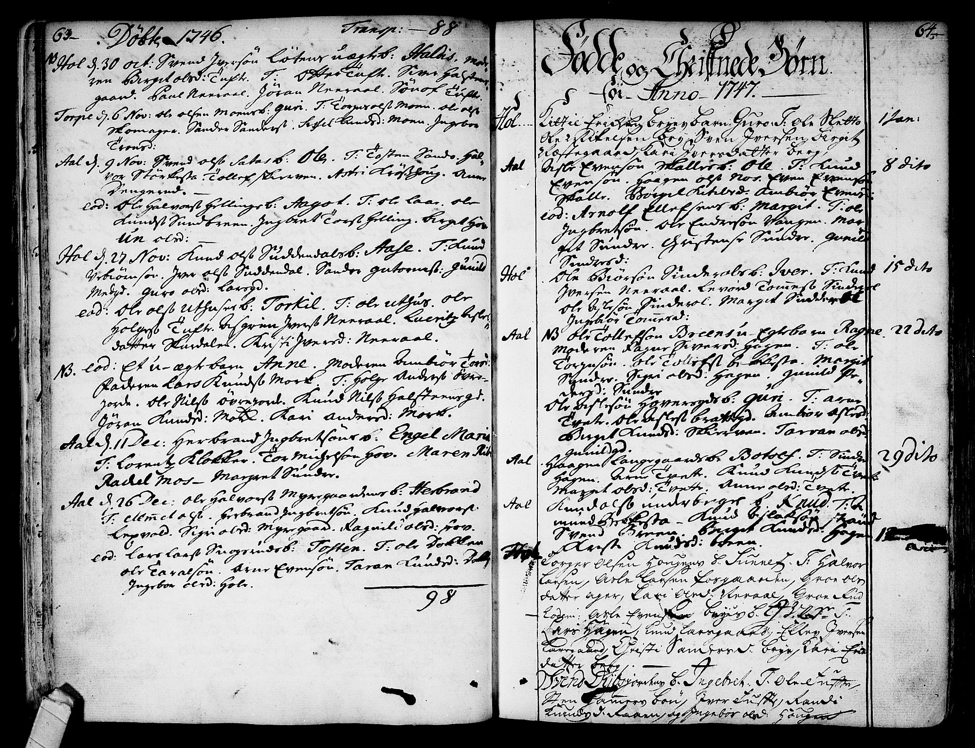 Ål kirkebøker, SAKO/A-249/F/Fa/L0001: Parish register (official) no. I 1, 1744-1769, p. 63-64