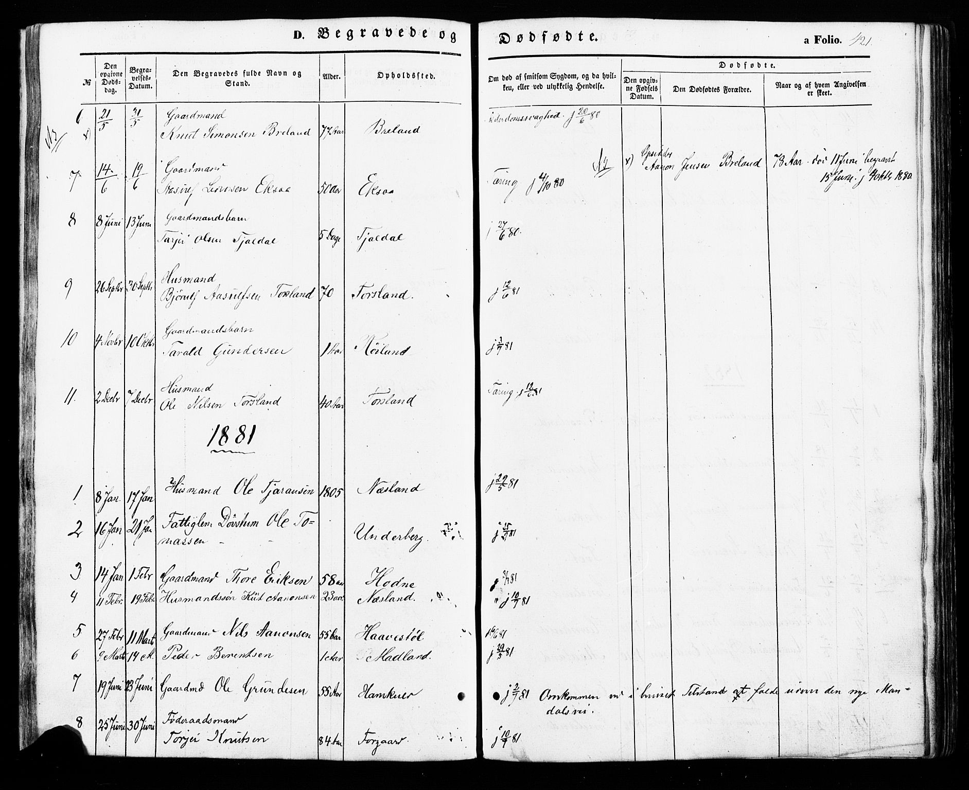 Åseral sokneprestkontor, SAK/1111-0051/F/Fa/L0002: Parish register (official) no. A 2, 1854-1884, p. 421