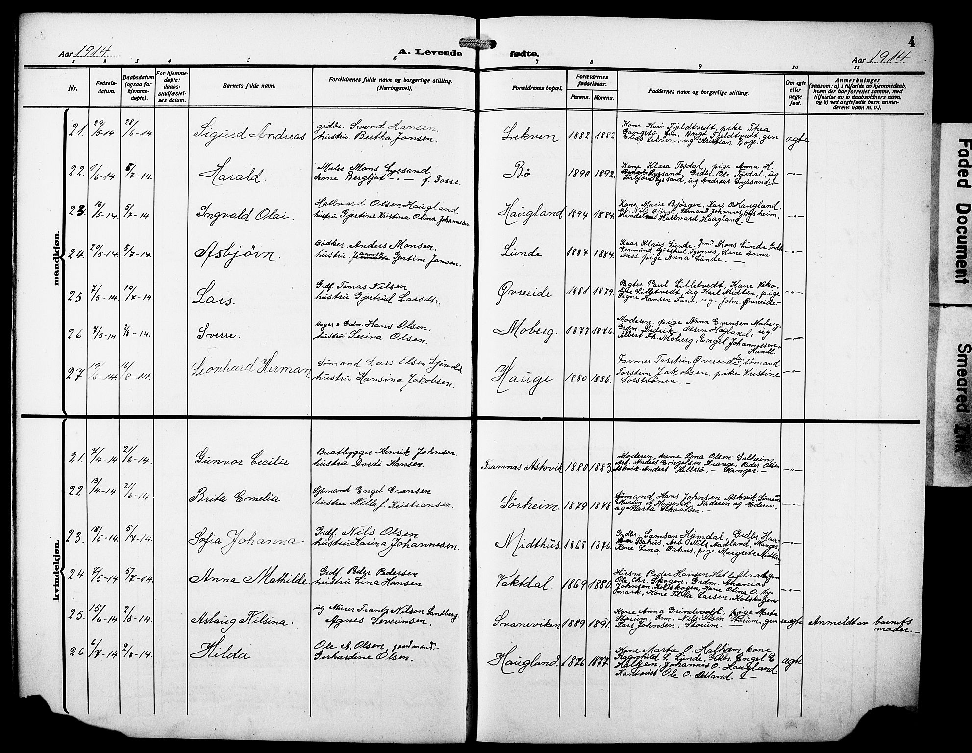 Os sokneprestembete, AV/SAB-A-99929: Parish register (copy) no. A 4, 1914-1923, p. 4