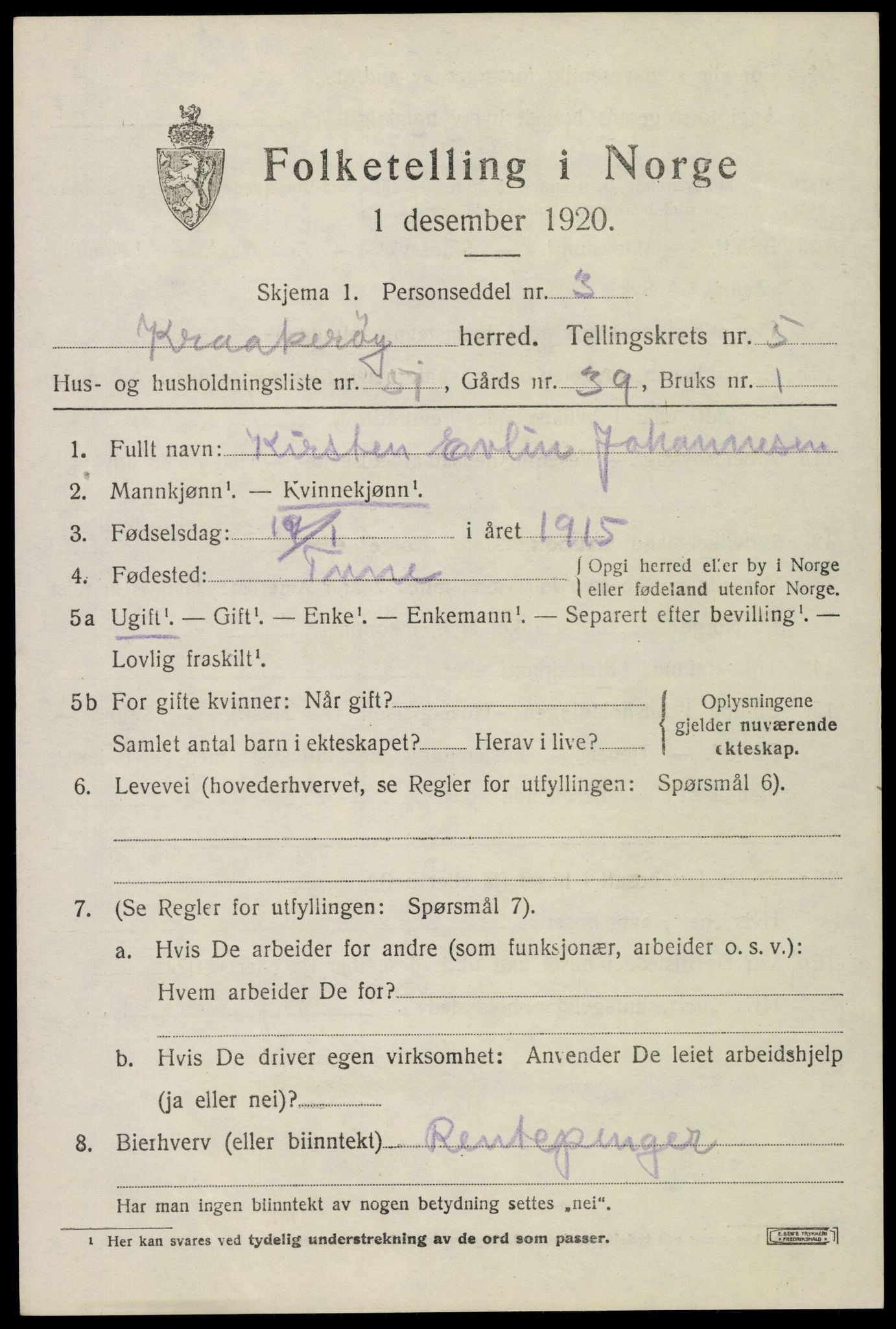 SAO, 1920 census for Kråkerøy, 1920, p. 6700