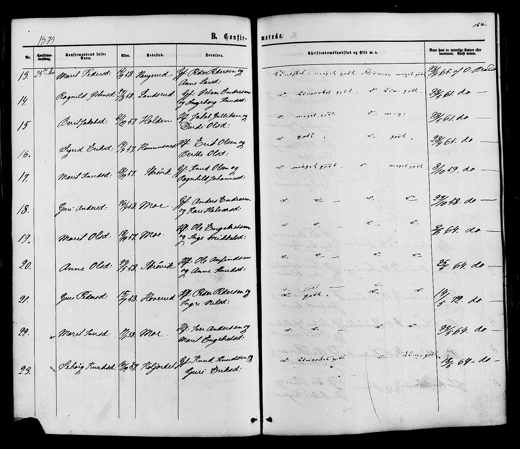 Vestre Slidre prestekontor, AV/SAH-PREST-136/H/Ha/Haa/L0003: Parish register (official) no. 3, 1865-1880, p. 164