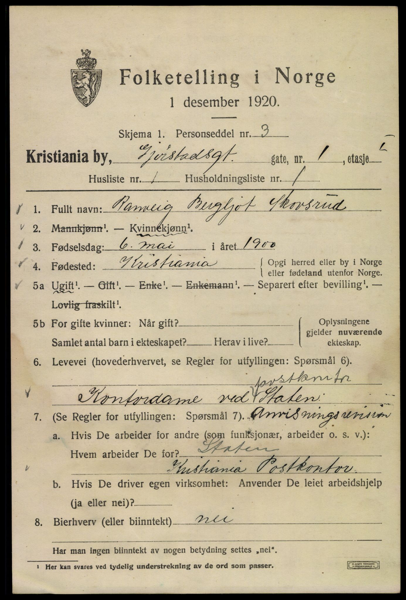 SAO, 1920 census for Kristiania, 1920, p. 250133