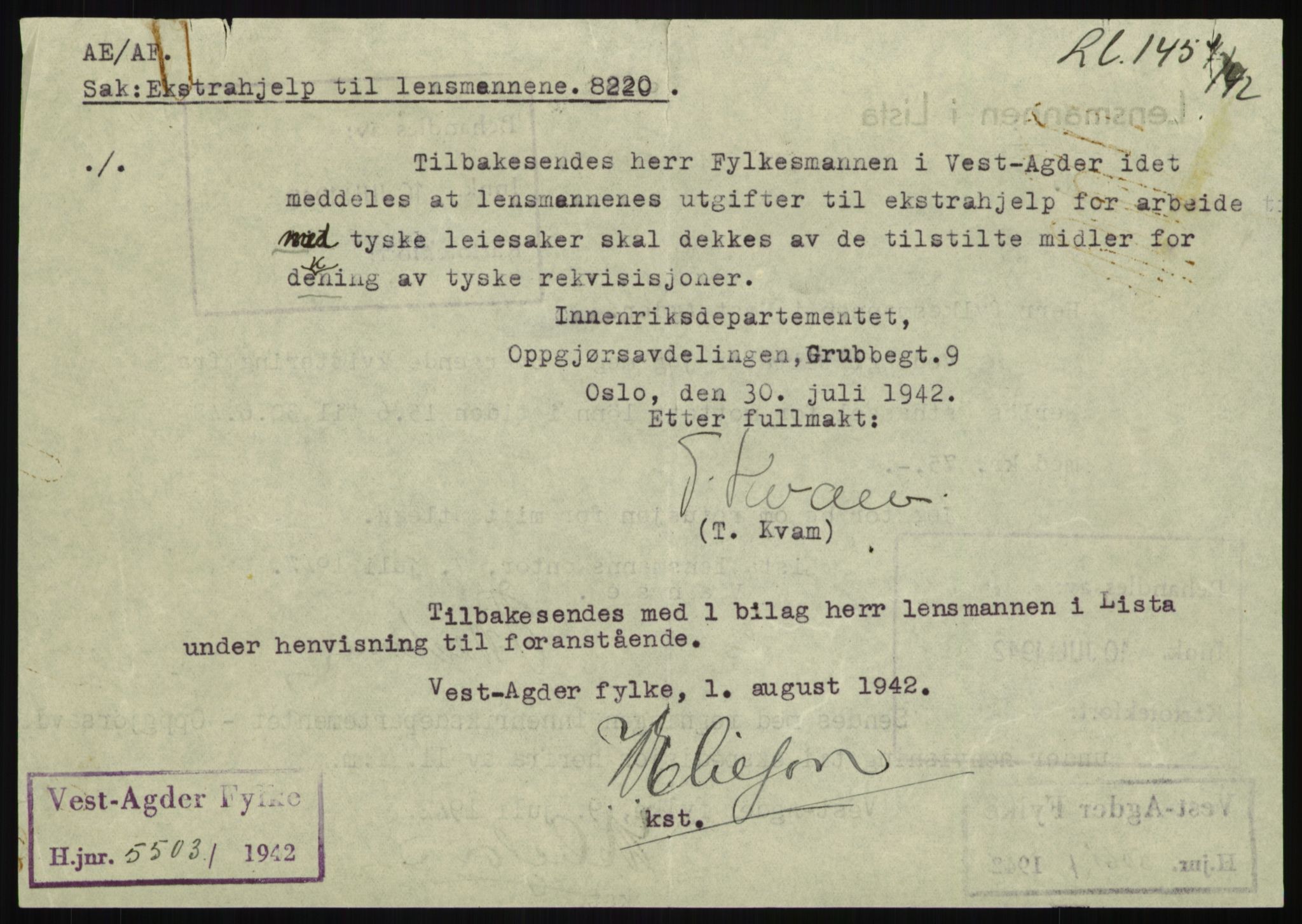 Forsvarsdepartementet, 10. kontor / Oppgjørskontoret, AV/RA-RAFA-1225/D/Db/L0180: Lista oppgjørskontor, 1942-1952, p. 1049