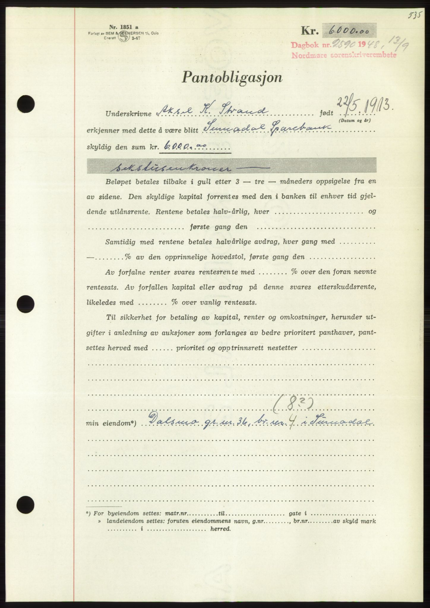 Nordmøre sorenskriveri, AV/SAT-A-4132/1/2/2Ca: Mortgage book no. B99, 1948-1948, Diary no: : 2590/1948