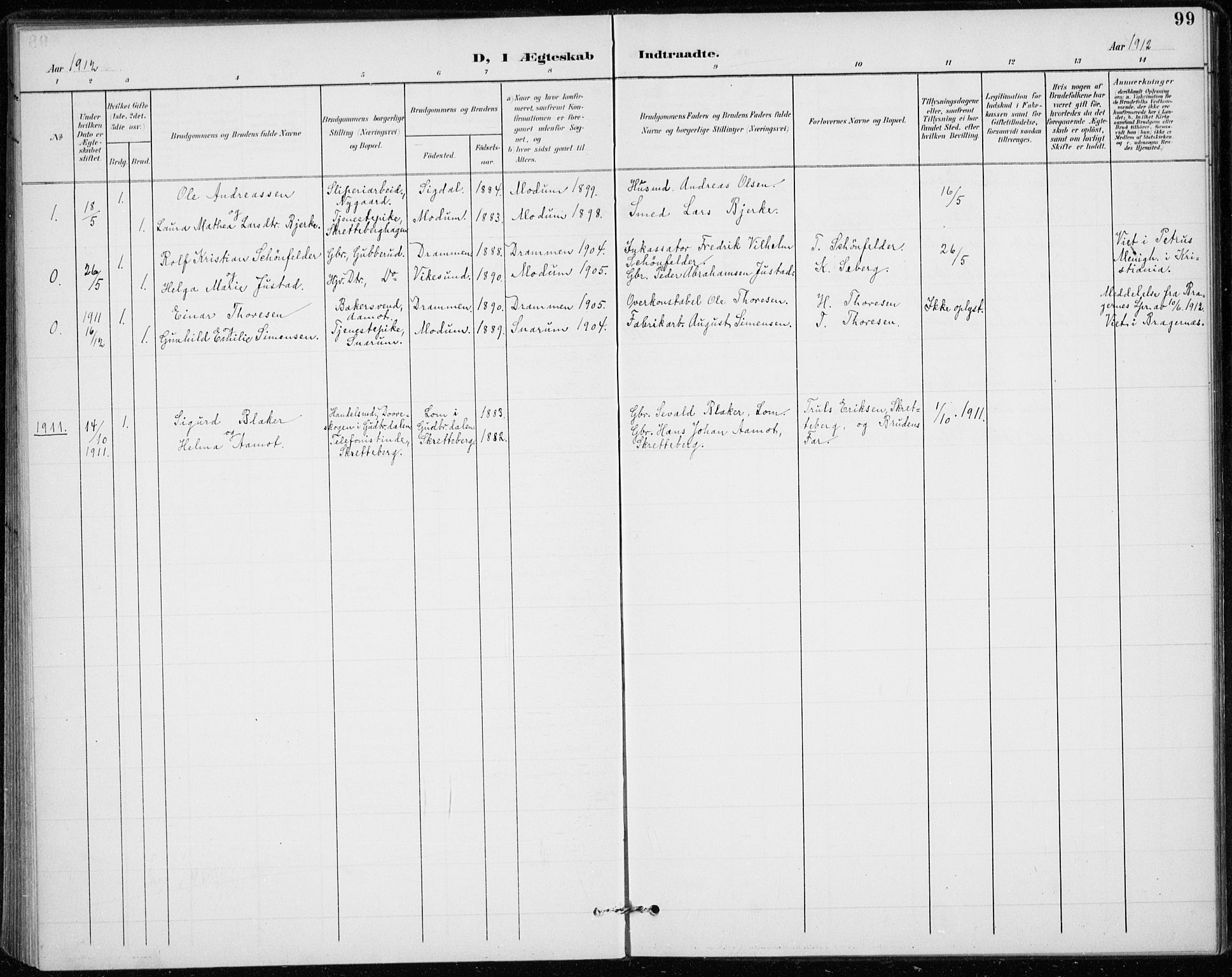 Modum kirkebøker, AV/SAKO-A-234/F/Fa/L0020: Parish register (official) no. 20, 1900-1917, p. 99