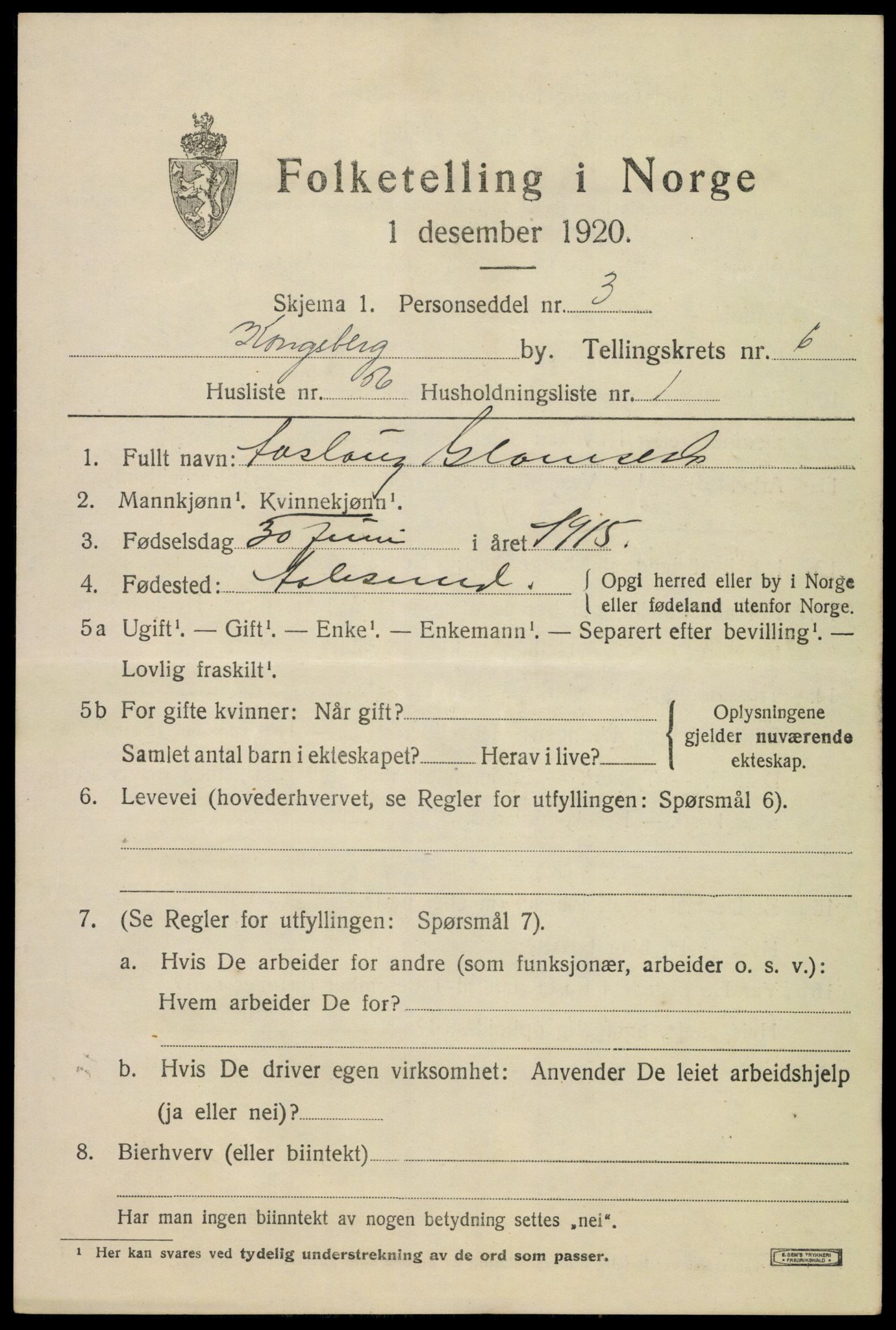 SAKO, 1920 census for Kongsberg, 1920, p. 14134