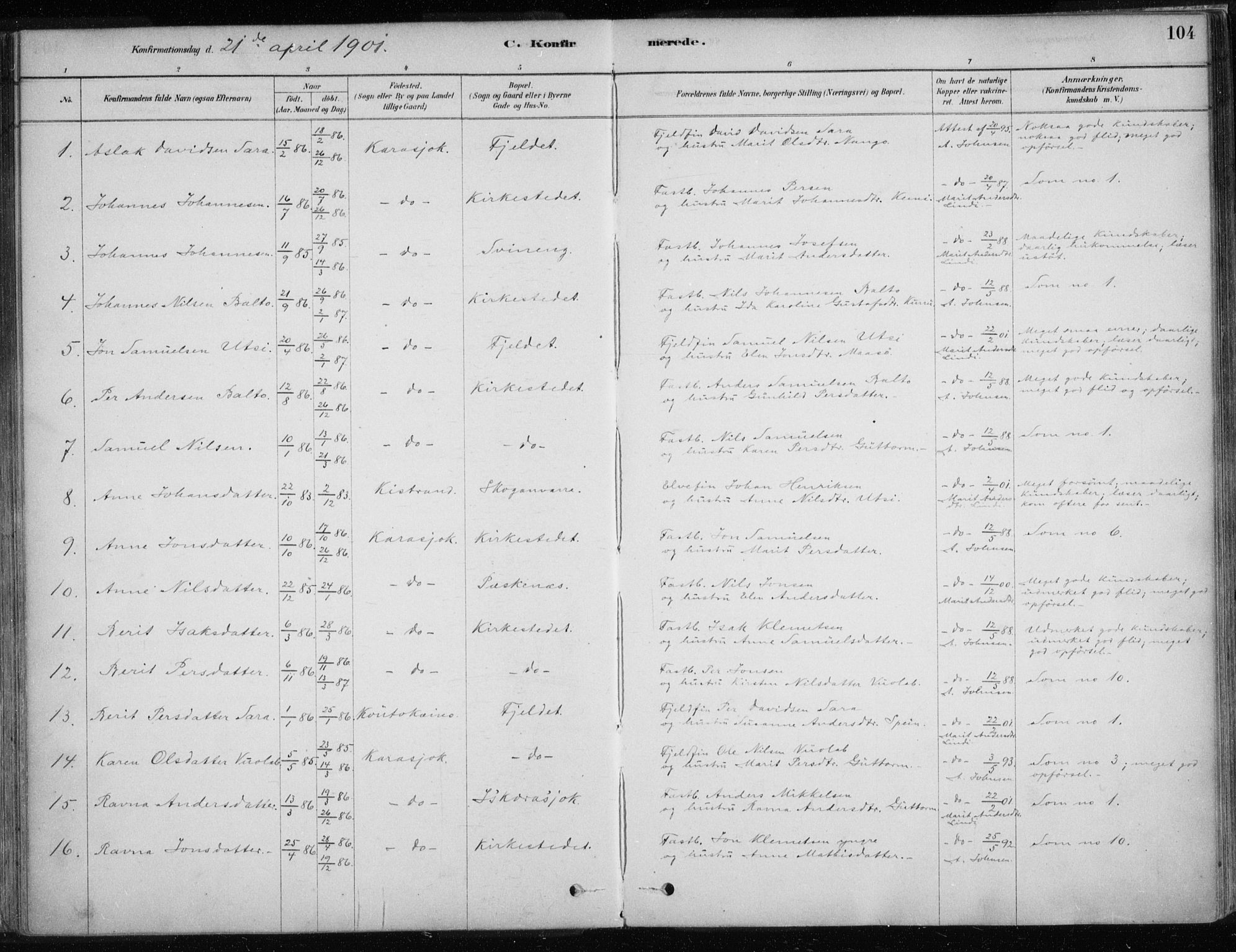 Karasjok sokneprestkontor, SATØ/S-1352/H/Ha/L0002kirke: Parish register (official) no. 2, 1885-1906, p. 104