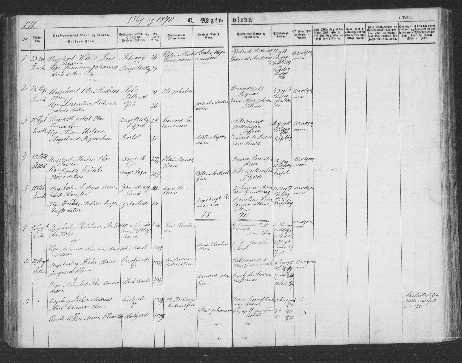 Lenvik sokneprestembete, SATØ/S-1310/H/Ha/Hab/L0020klokker: Parish register (copy) no. 20, 1855-1883, p. 171
