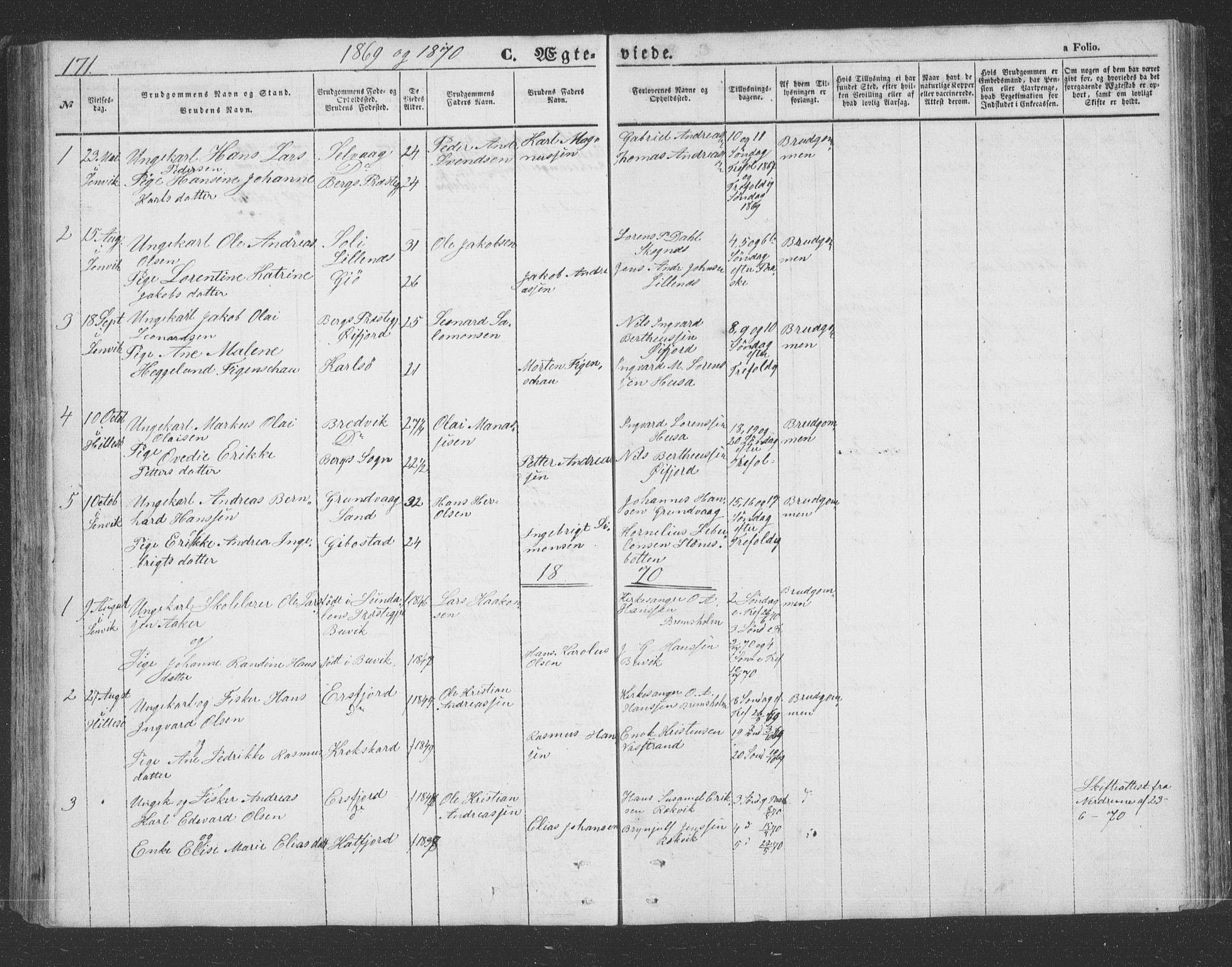 Lenvik sokneprestembete, AV/SATØ-S-1310/H/Ha/Hab/L0020klokker: Parish register (copy) no. 20, 1855-1883, p. 171