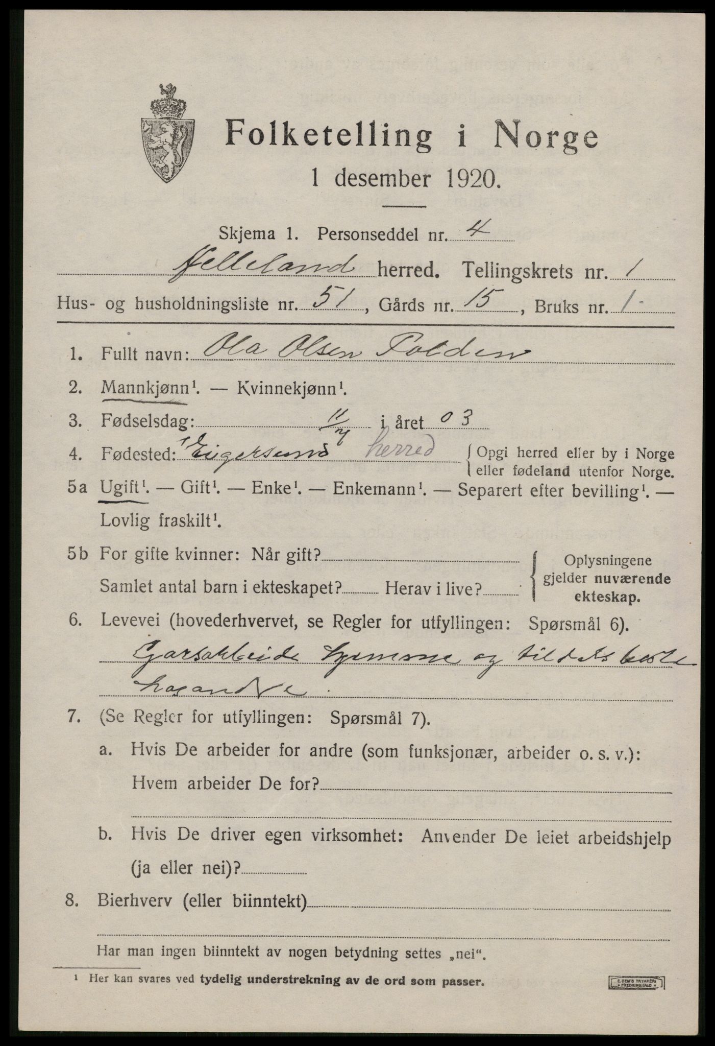 SAST, 1920 census for Helleland, 1920, p. 981