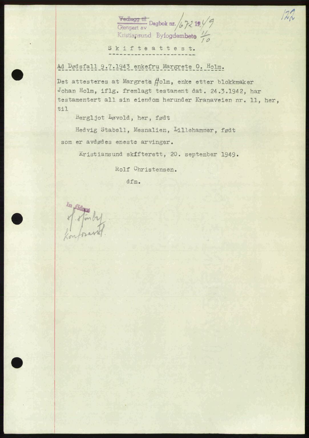 Kristiansund byfogd, AV/SAT-A-4587/A/27: Mortgage book no. 46, 1949-1950, Diary no: : 1672/1949