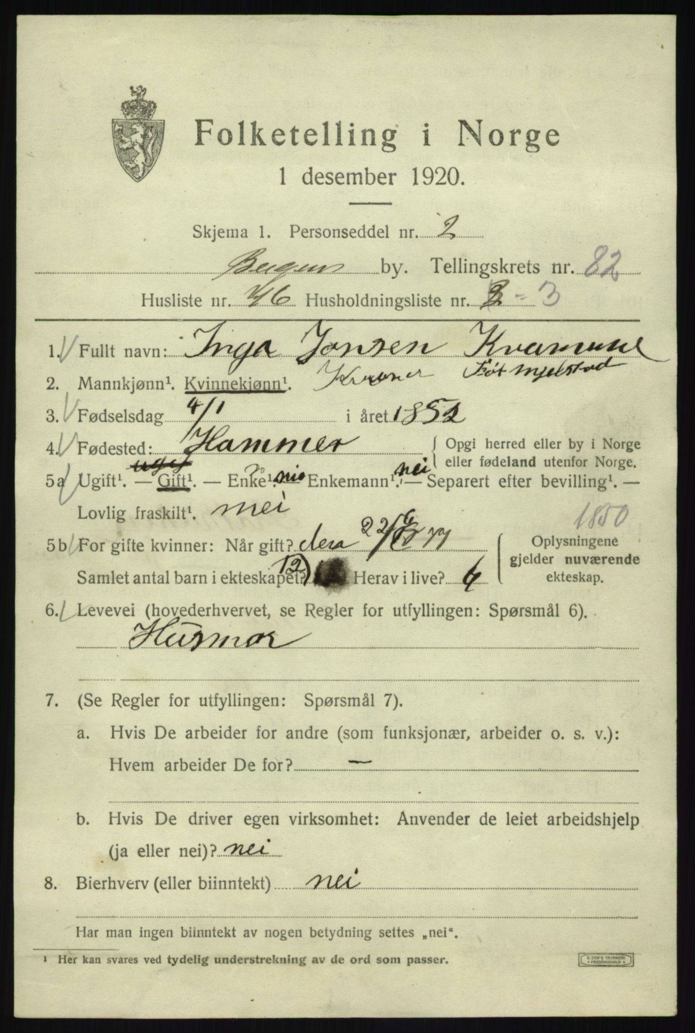SAB, 1920 census for Bergen, 1920, p. 154267