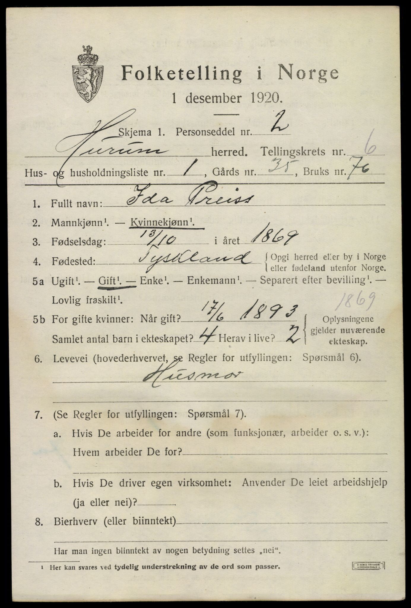 SAKO, 1920 census for Hurum, 1920, p. 7078