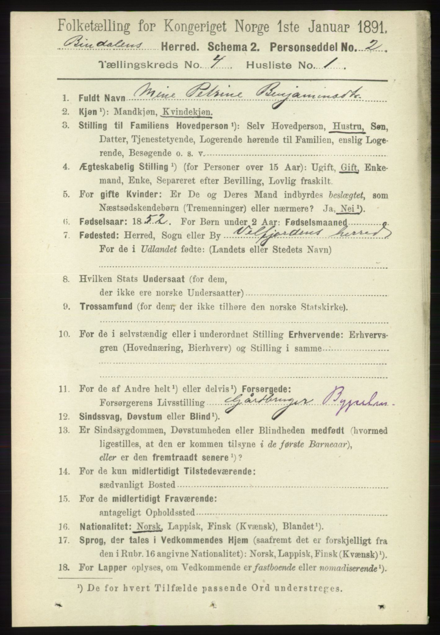 RA, 1891 census for 1811 Bindal, 1891, p. 1036