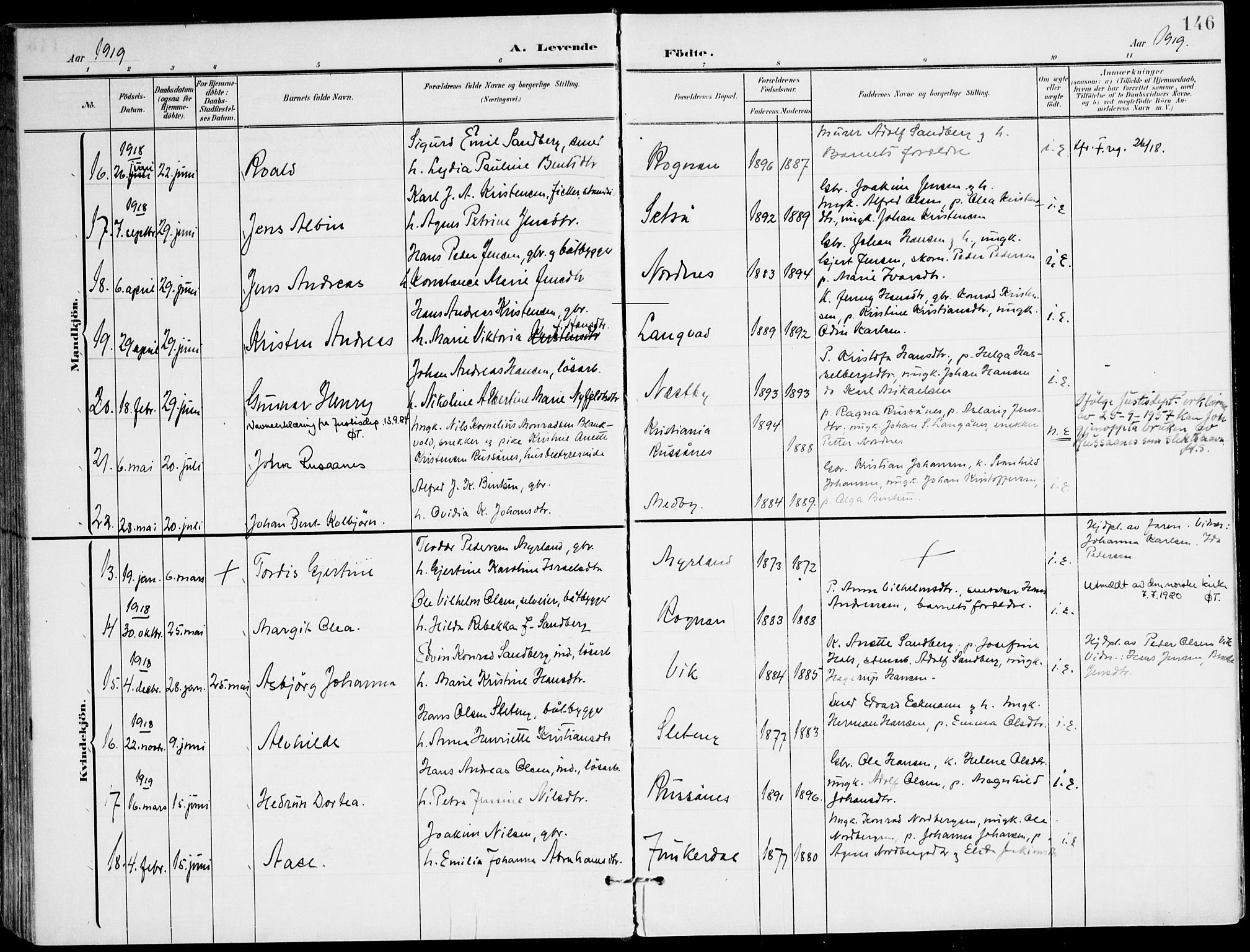 Ministerialprotokoller, klokkerbøker og fødselsregistre - Nordland, AV/SAT-A-1459/847/L0672: Parish register (official) no. 847A12, 1902-1919, p. 146