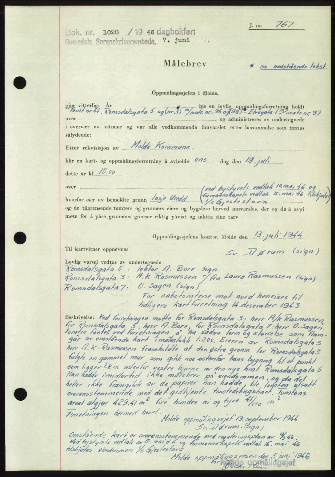 Romsdal sorenskriveri, AV/SAT-A-4149/1/2/2C: Mortgage book no. A20, 1946-1946, Diary no: : 1028/1946