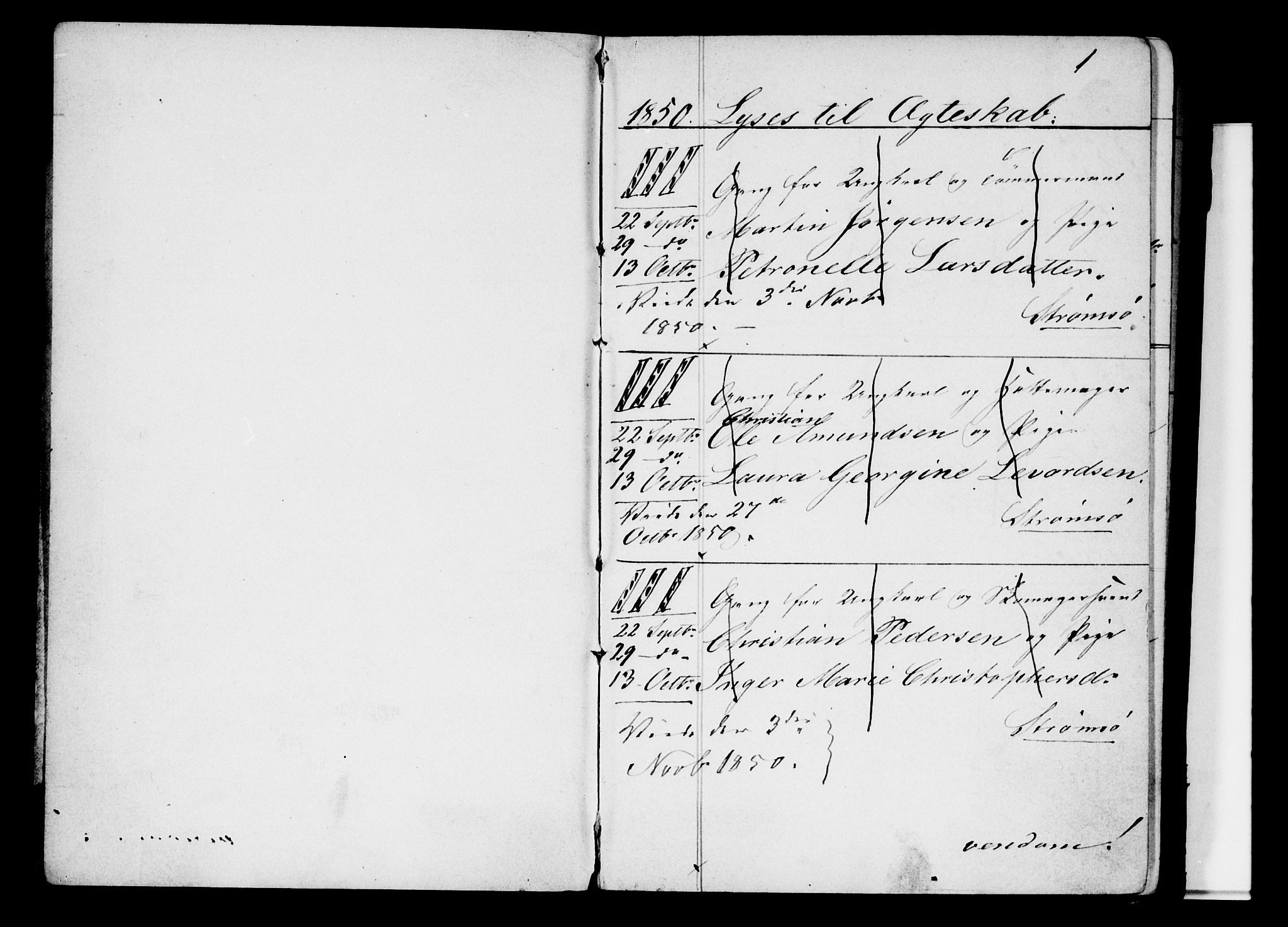 Strømsø kirkebøker, SAKO/A-246/H/Ha/L0002: Banns register no. 2, 1850-1866, p. 1