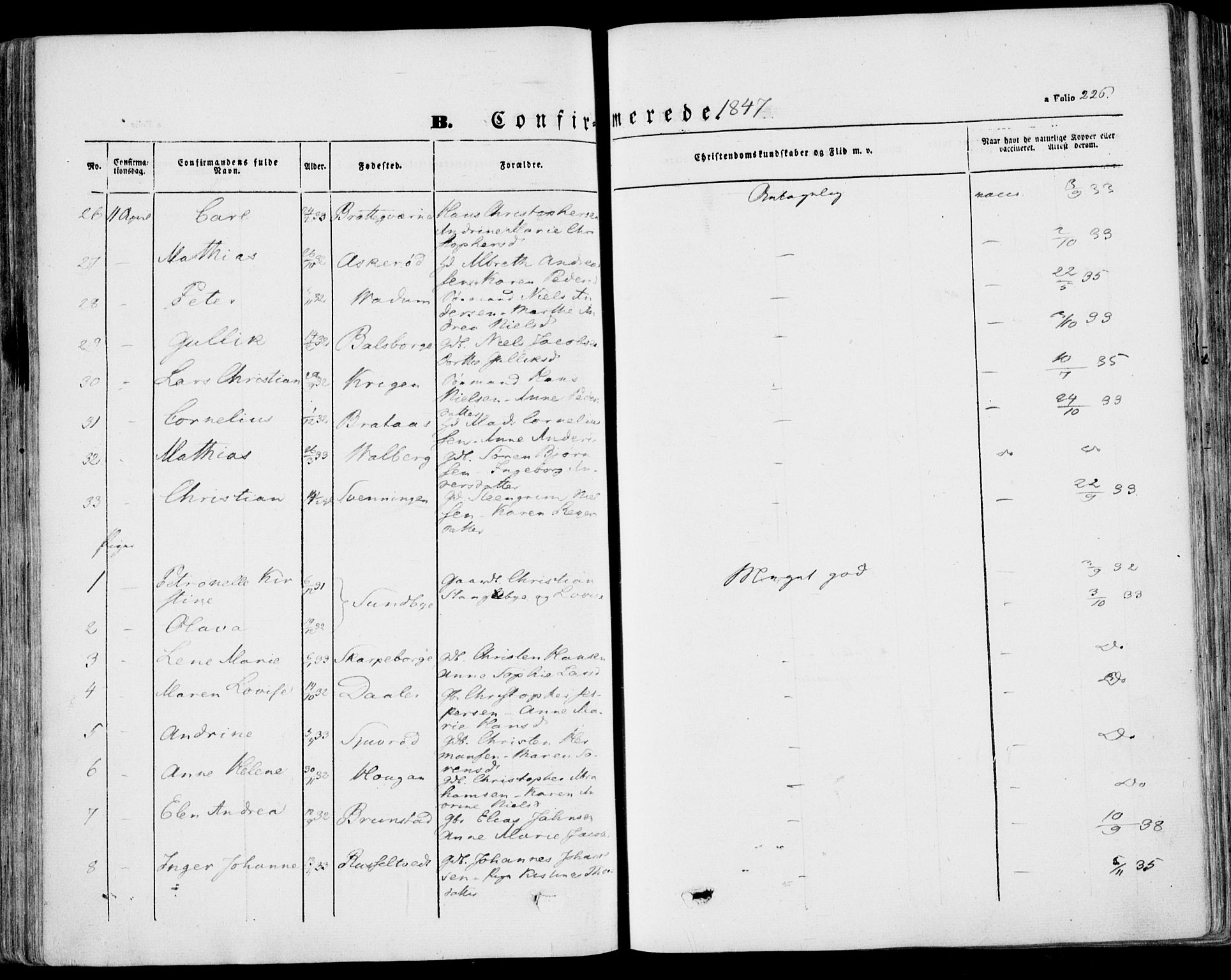 Stokke kirkebøker, AV/SAKO-A-320/F/Fa/L0007: Parish register (official) no. I 7, 1844-1857, p. 226
