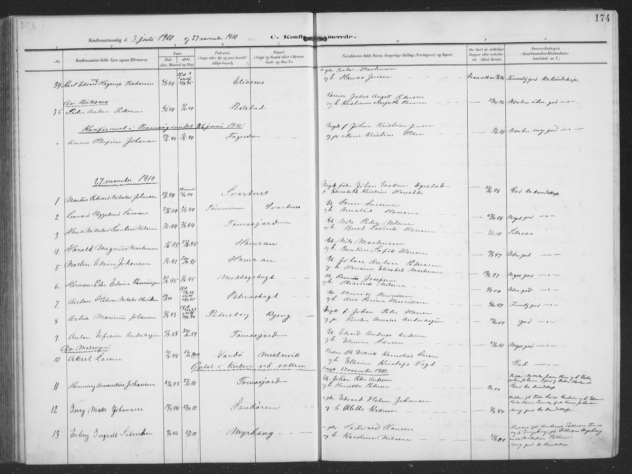 Balsfjord sokneprestembete, SATØ/S-1303/G/Ga/L0009klokker: Parish register (copy) no. 9, 1906-1920, p. 174